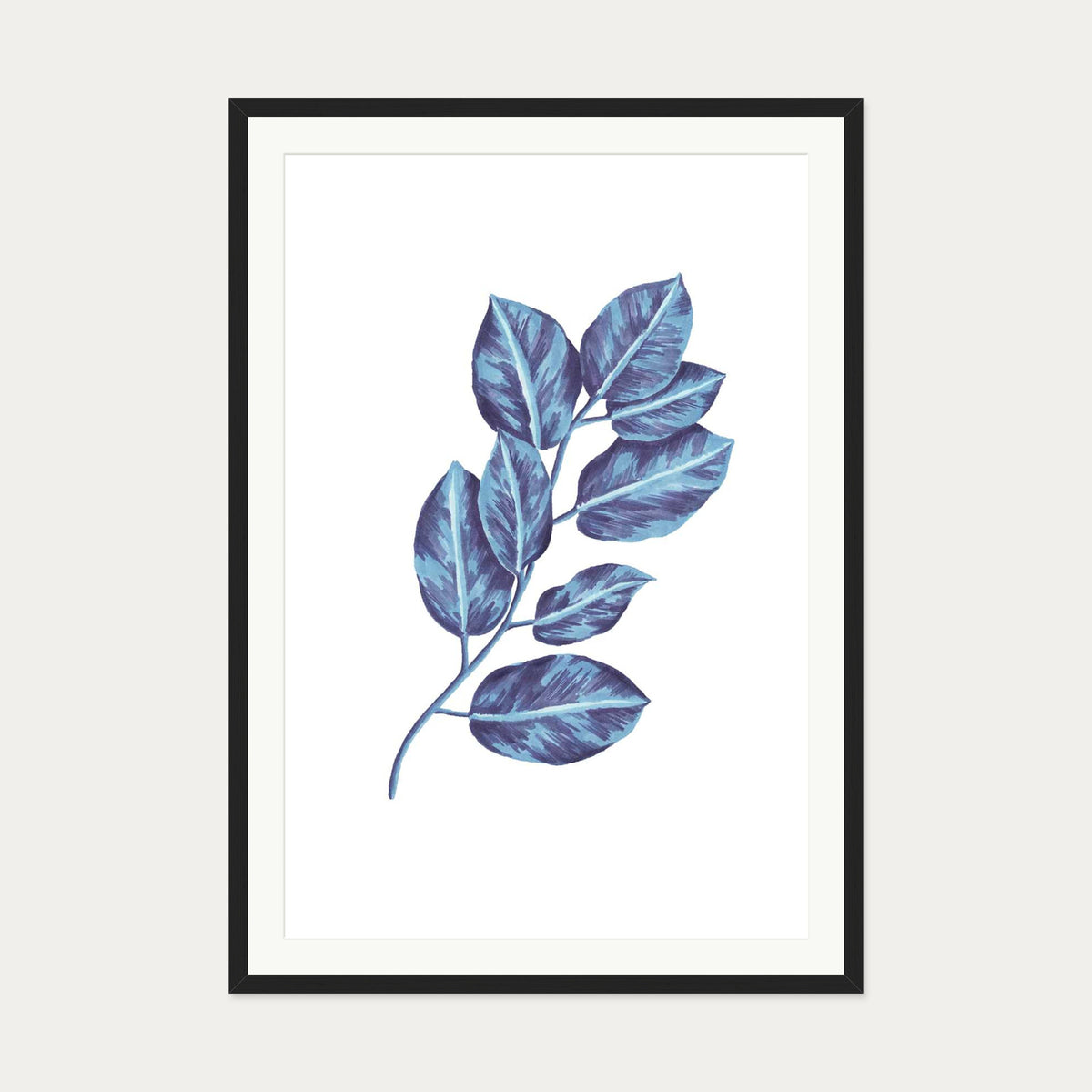 Blue Botanical Leaves Art Print — 70 x 100 cm — Black Frame