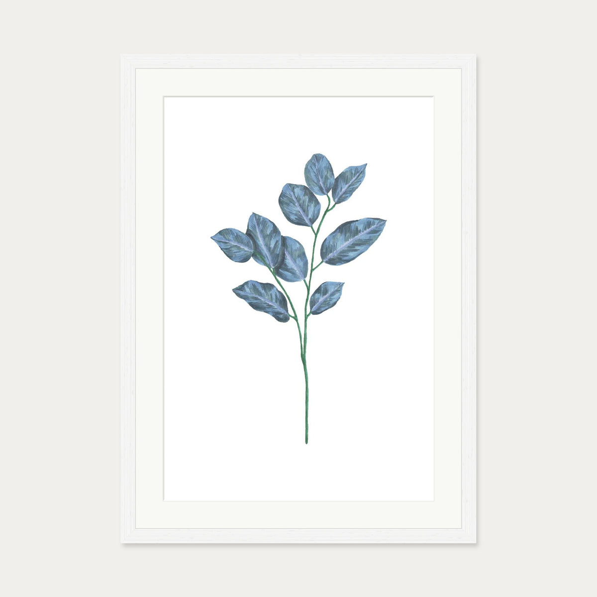 Blue Botanical Stem Art Print — 50 x 70 cm — White Frame