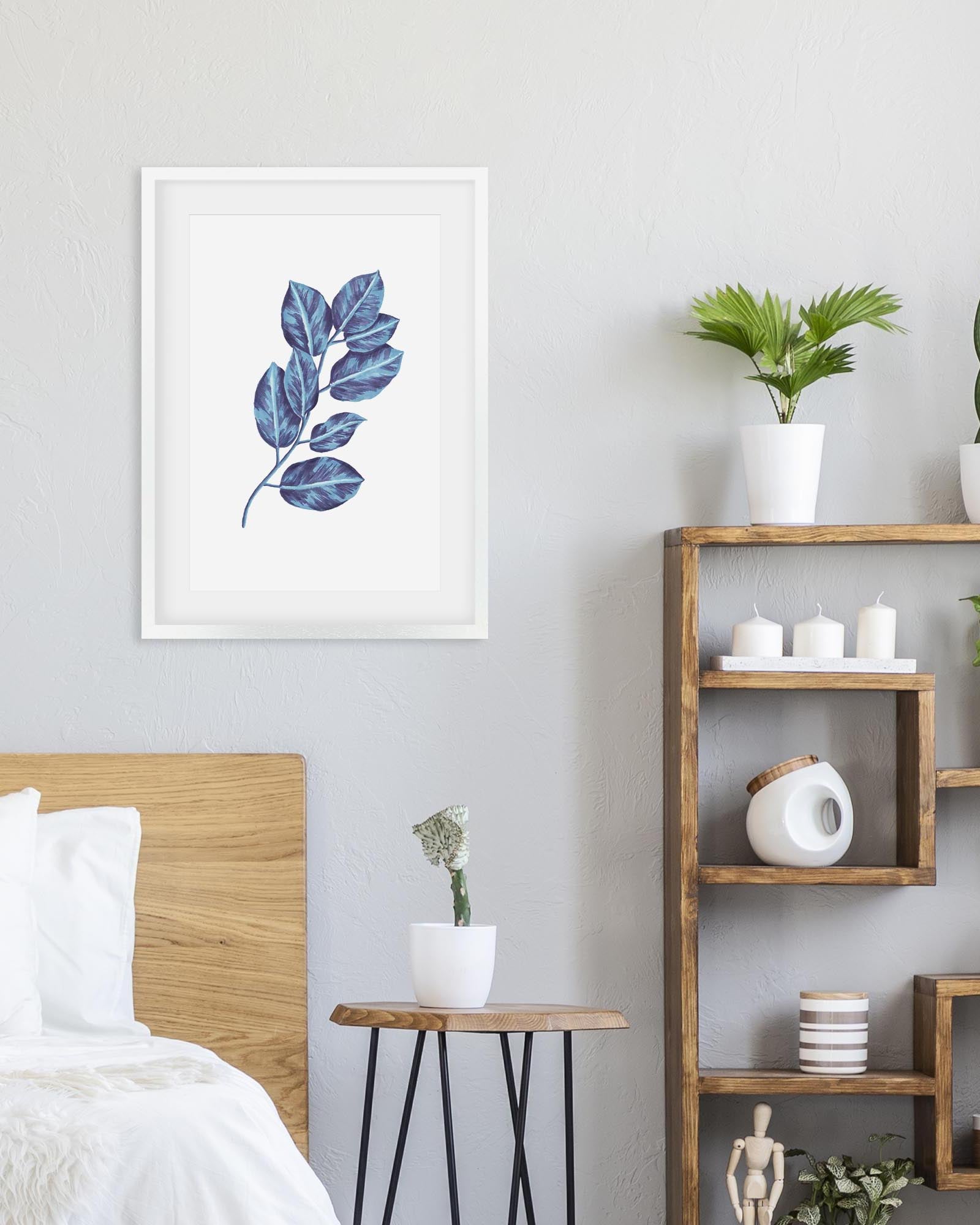 Room interior with a bed, wall art, and wooden shelves.