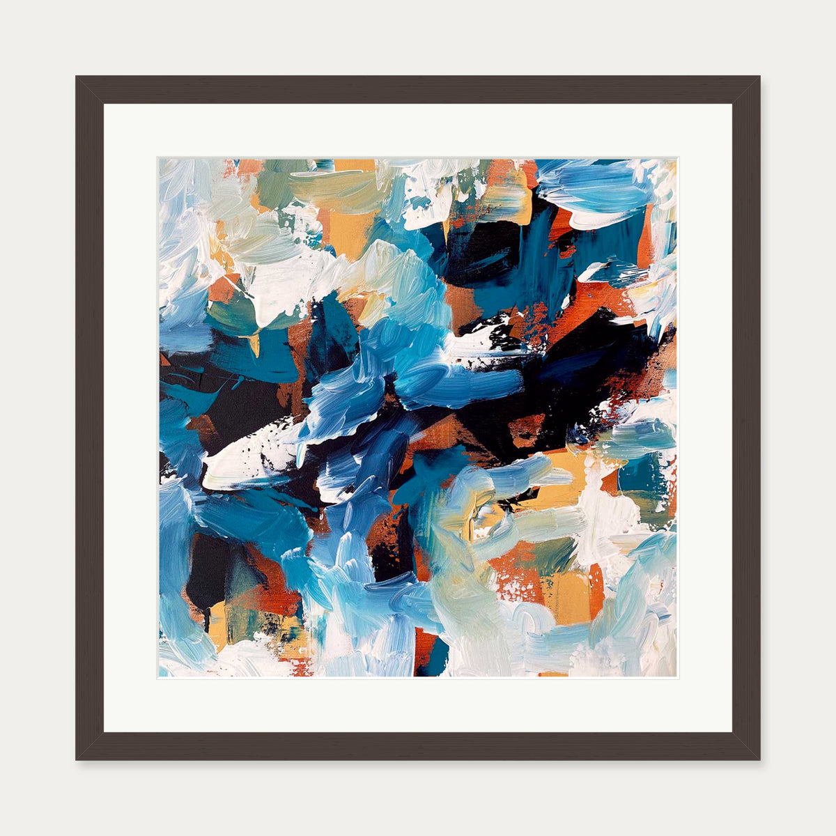 Blue Coastline Abstract Art Print — 50 x 50 cm — Brown Frame