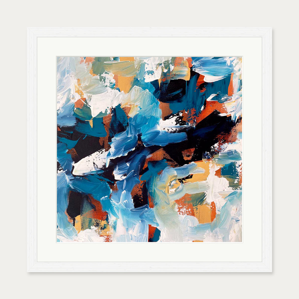 Blue Coastline Abstract Art Print — 50 x 50 cm — White Frame