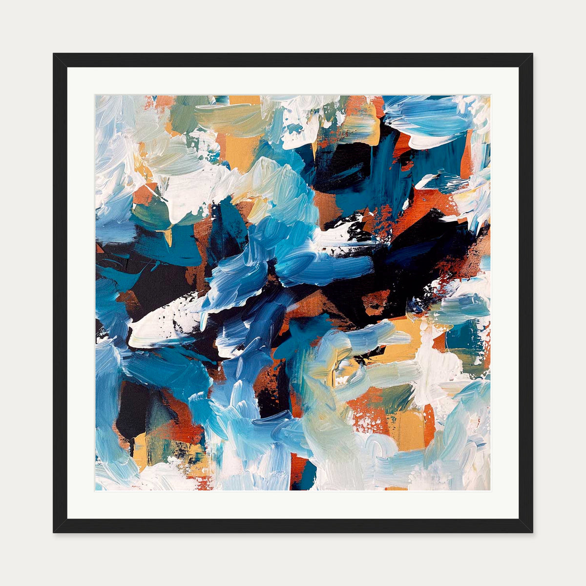 Blue Coastline Abstract Art Print — 70 x 70 cm — Black Frame