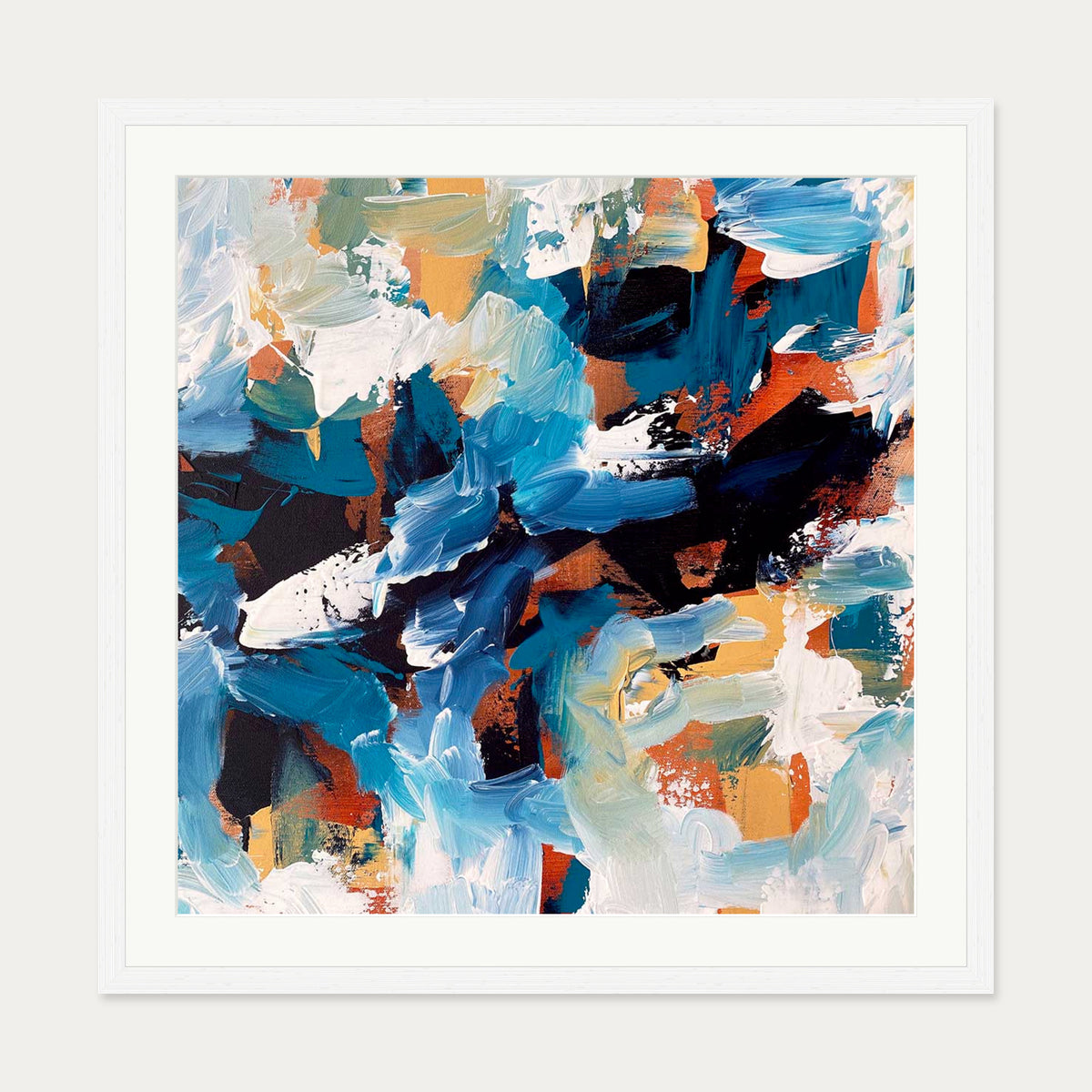 Blue Coastline Abstract Art Print — 70 x 70 cm — White Frame