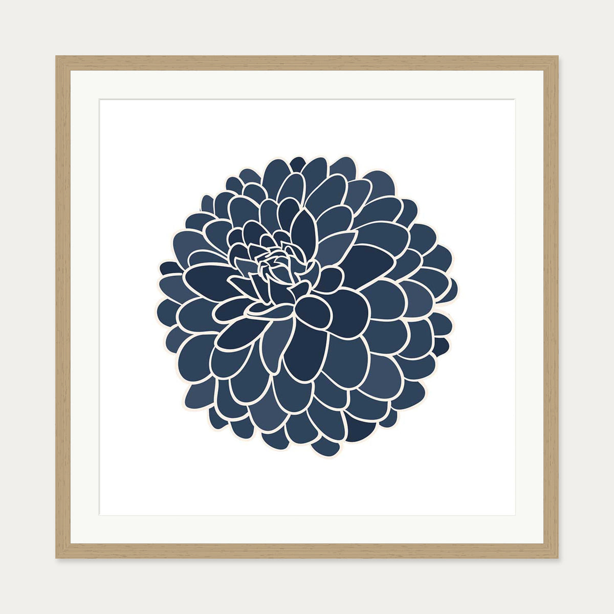 Blue Dahlia Square Art Print — 70 x 70 cm — Oak Frame