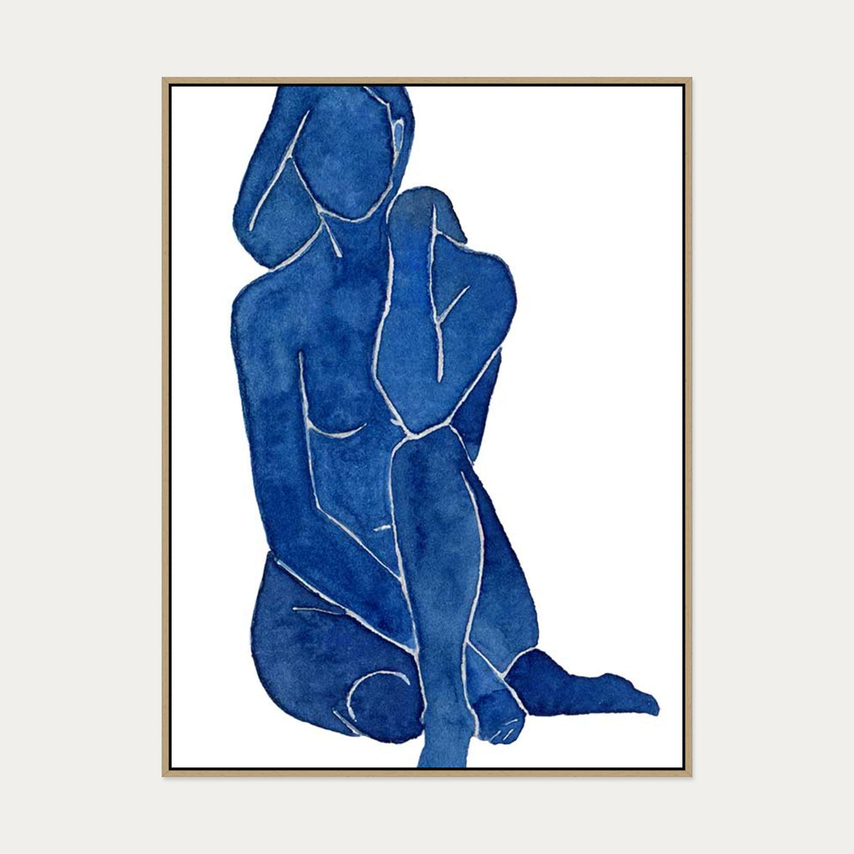 Blue Female Nude Canvas Art — 90 x 120 cm — Oak Frame