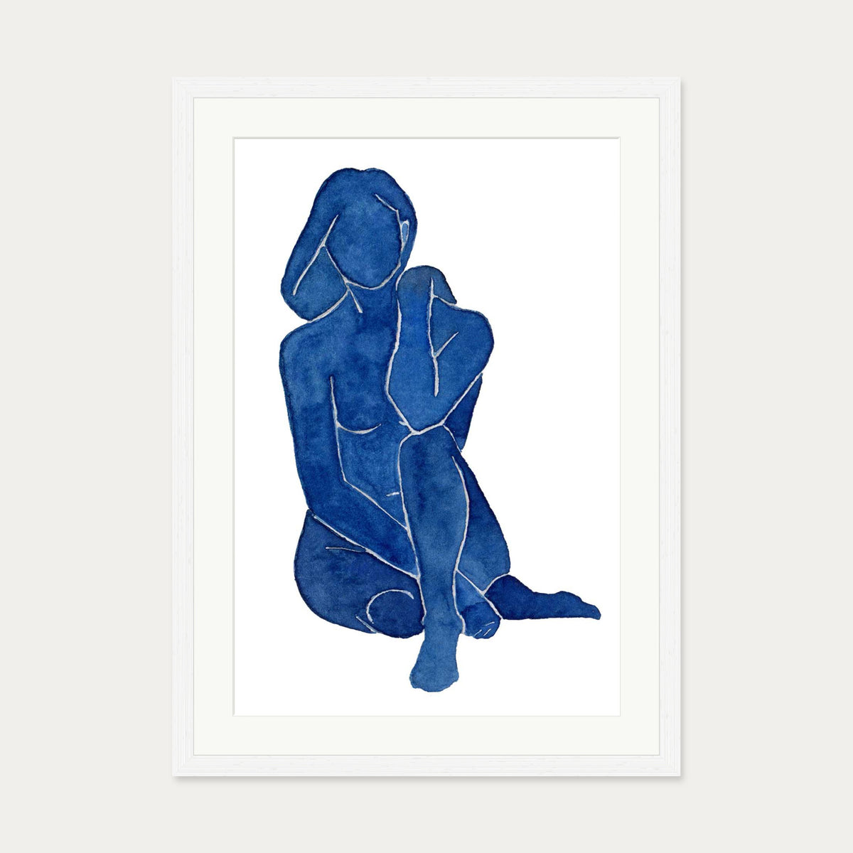 Blue Female Nude Art Print — 50 x 70 cm — White Frame