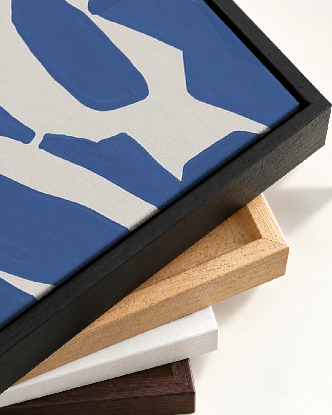 Blue Fragments Canvas Art — framed canvas corner and wrapped canvas detail