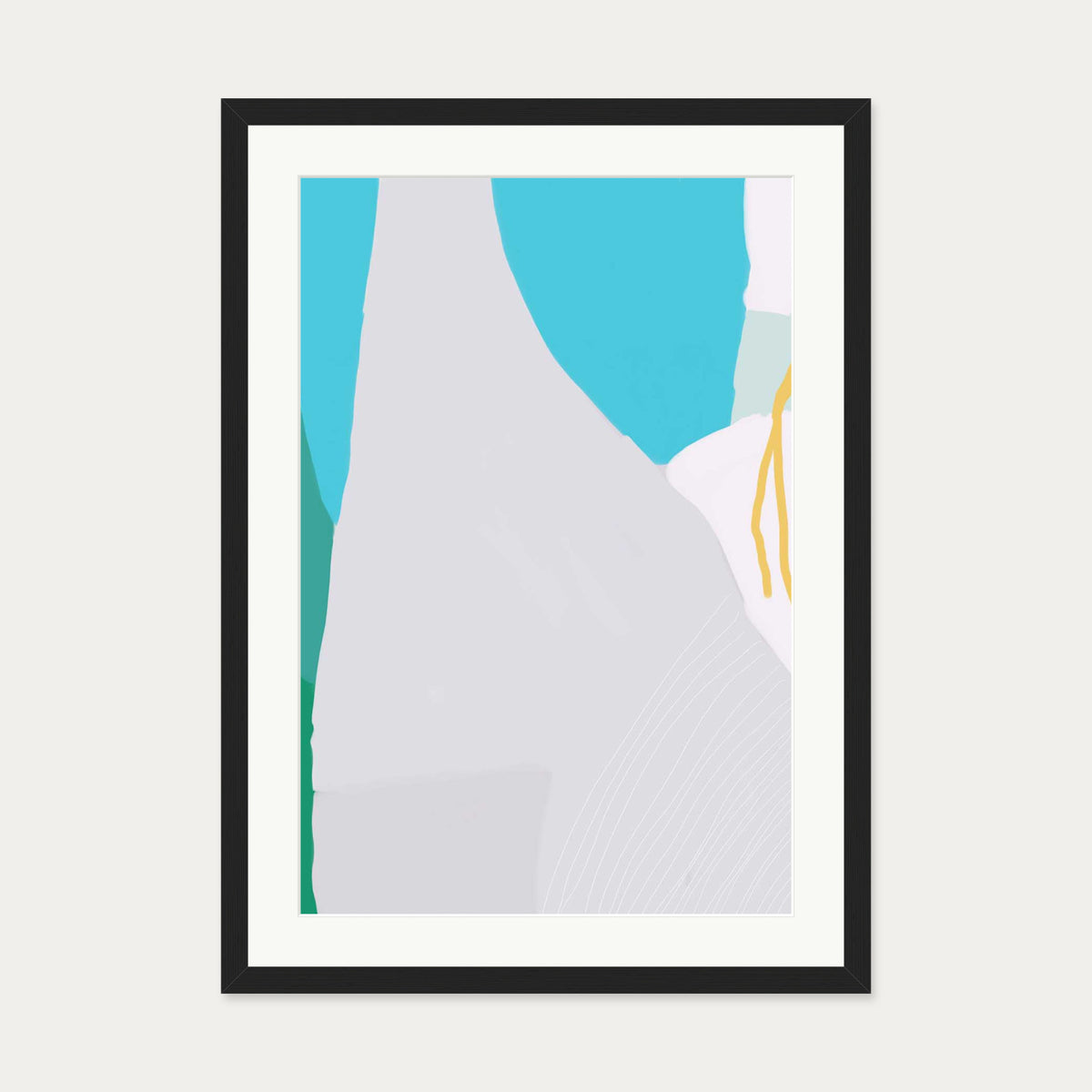 Blue Grey Abstract Linocut Art Print — 50 x 70 cm — Black Frame