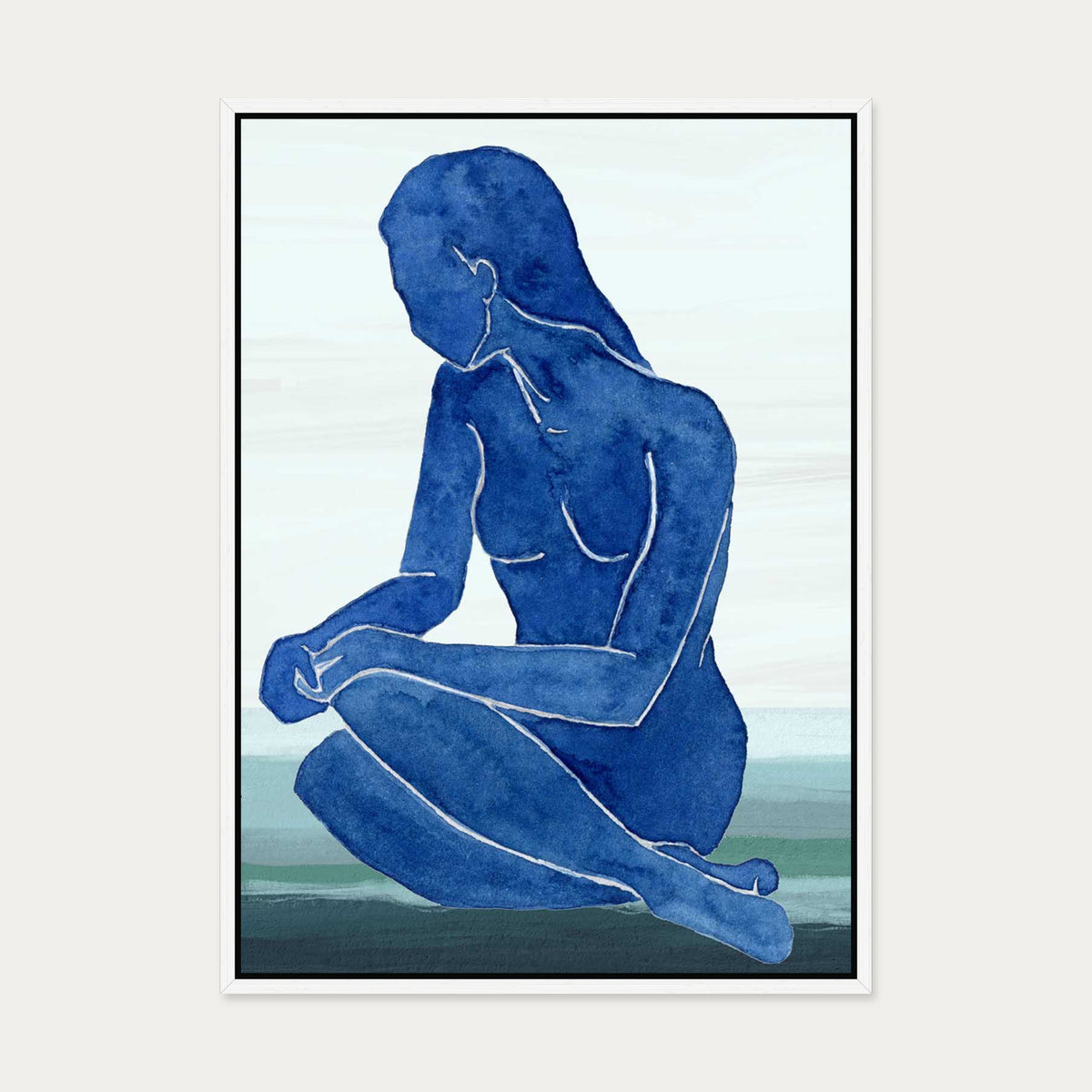 Blue Nude Figure Canvas Art — 50 x 70 cm — White Frame