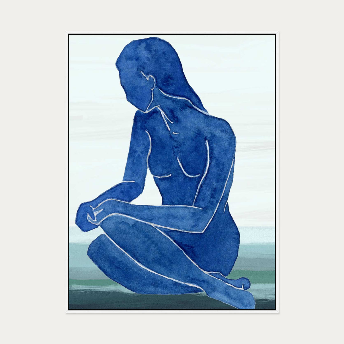 Blue Nude Figure Canvas Art — 90 x 120 cm — White Frame