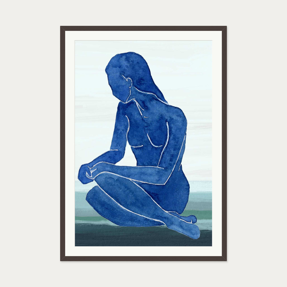 Blue Nude Figure Art Print — 70 x 100 cm — Brown Frame