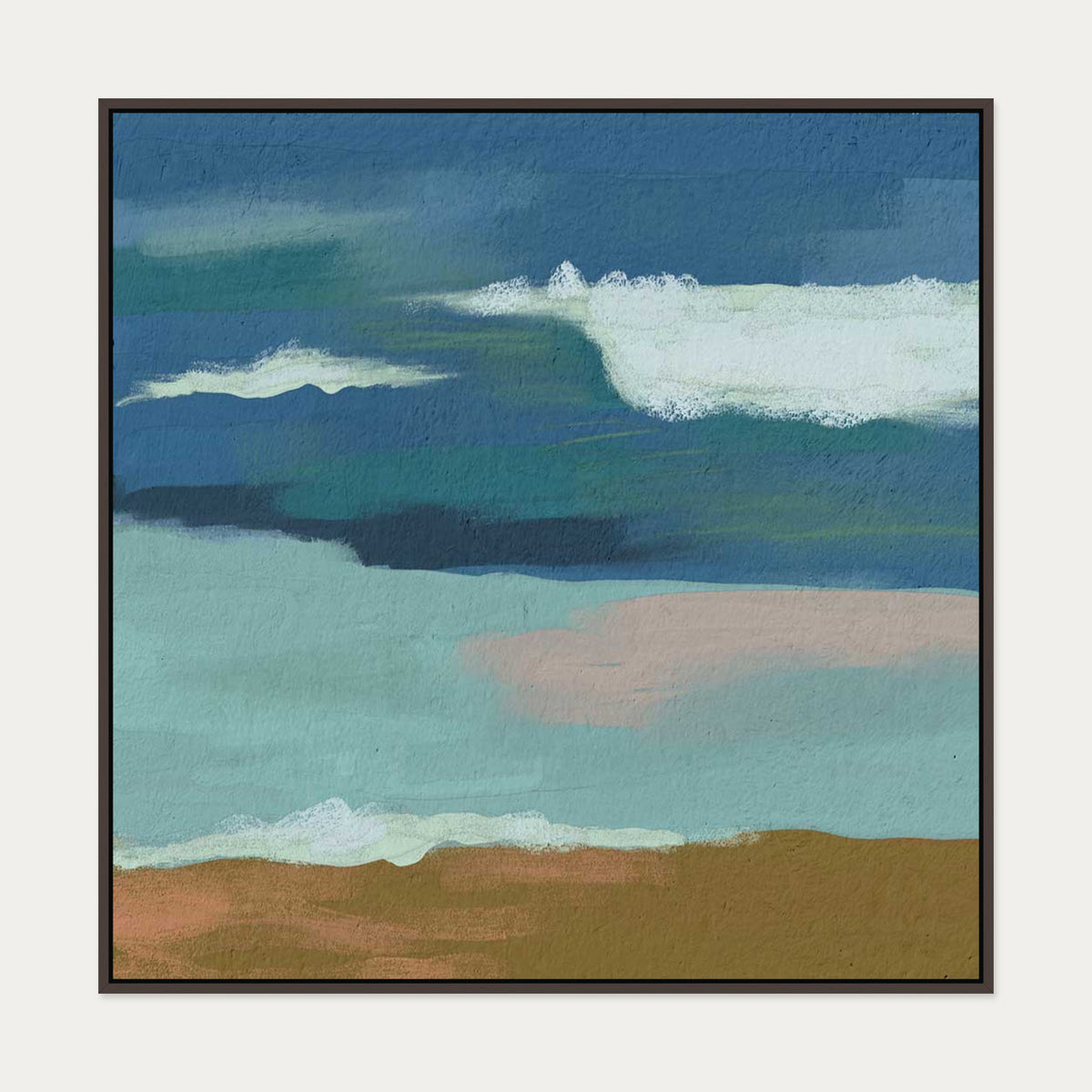 Blue Skies Over The Sea Canvas Art — 100 x 100 cm — Brown Frame