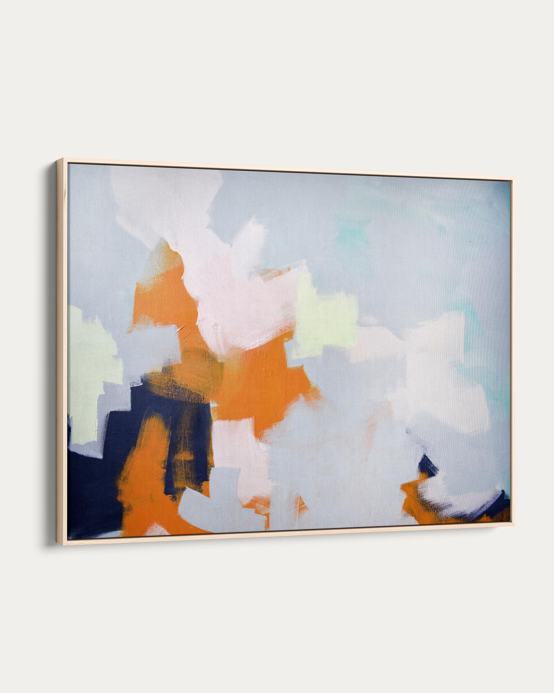 Abstract painting with orange, blue, and white colors on a light gray background
