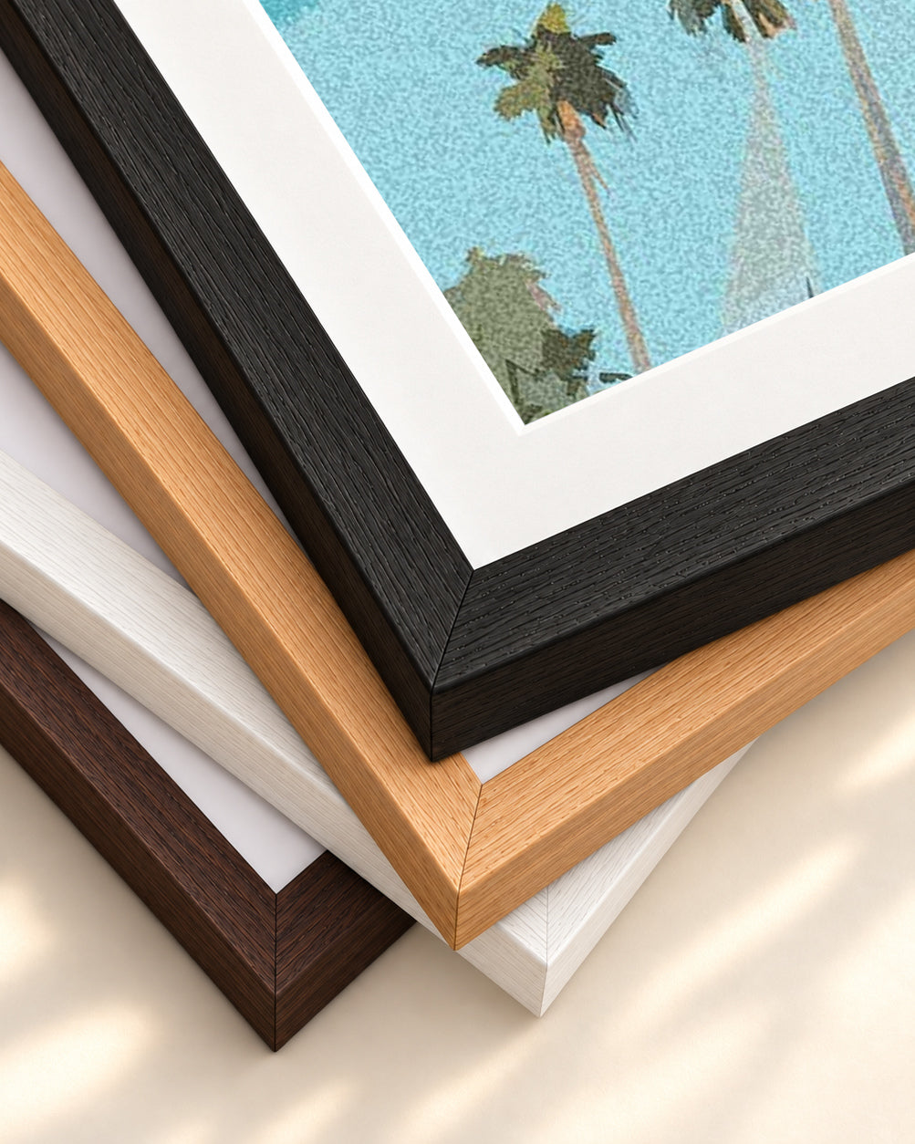 Blue Vintage Palm Trees Art Print — framed print corner with 5 cm mount and bevel
