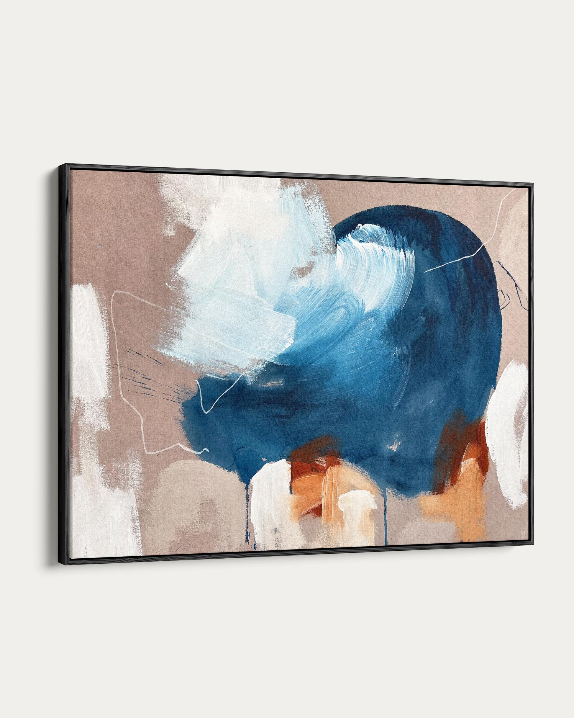 Abstract art piece with blue and white brush strokes on a beige background