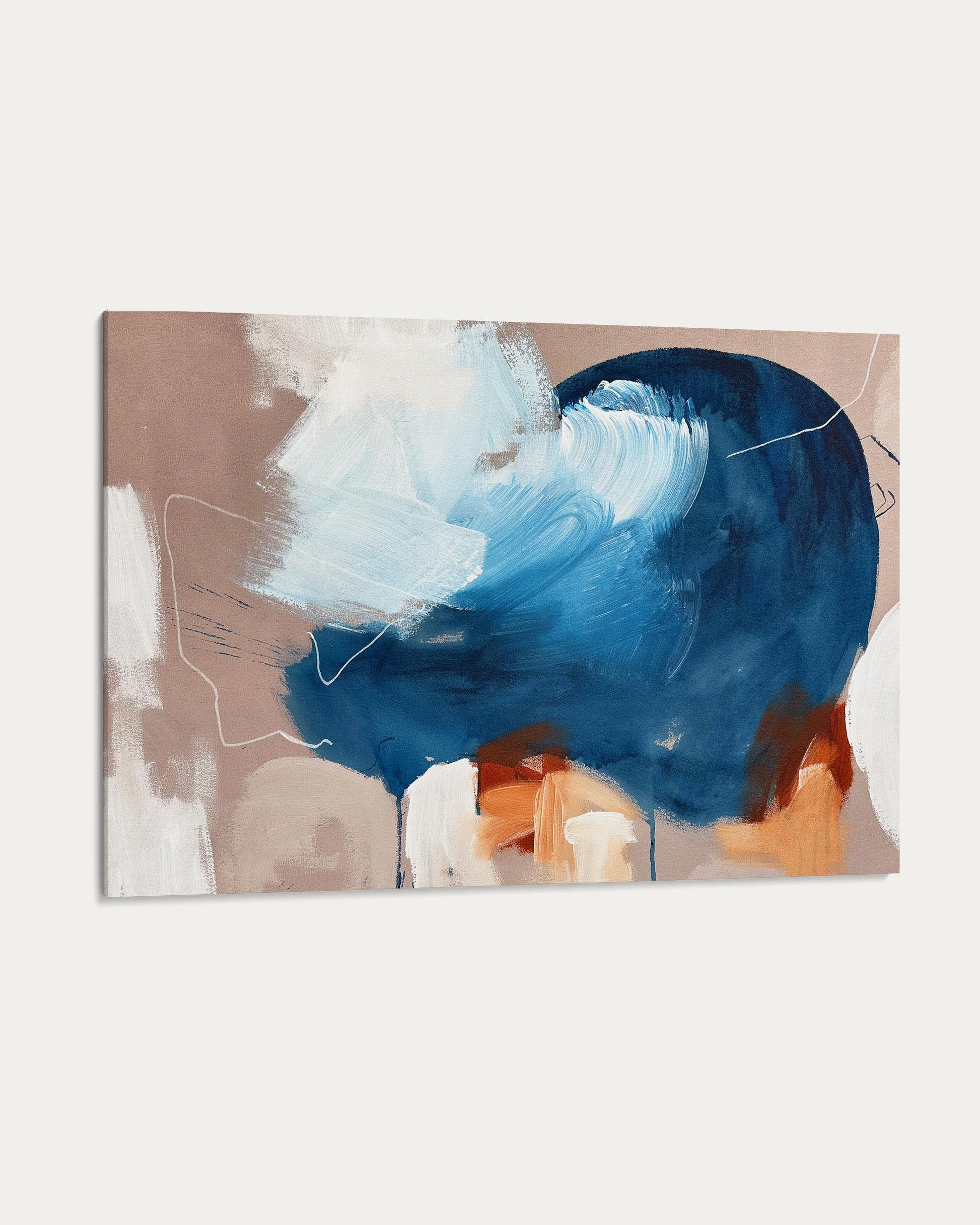 Abstract art piece with blue, white, and orange colors on a beige background