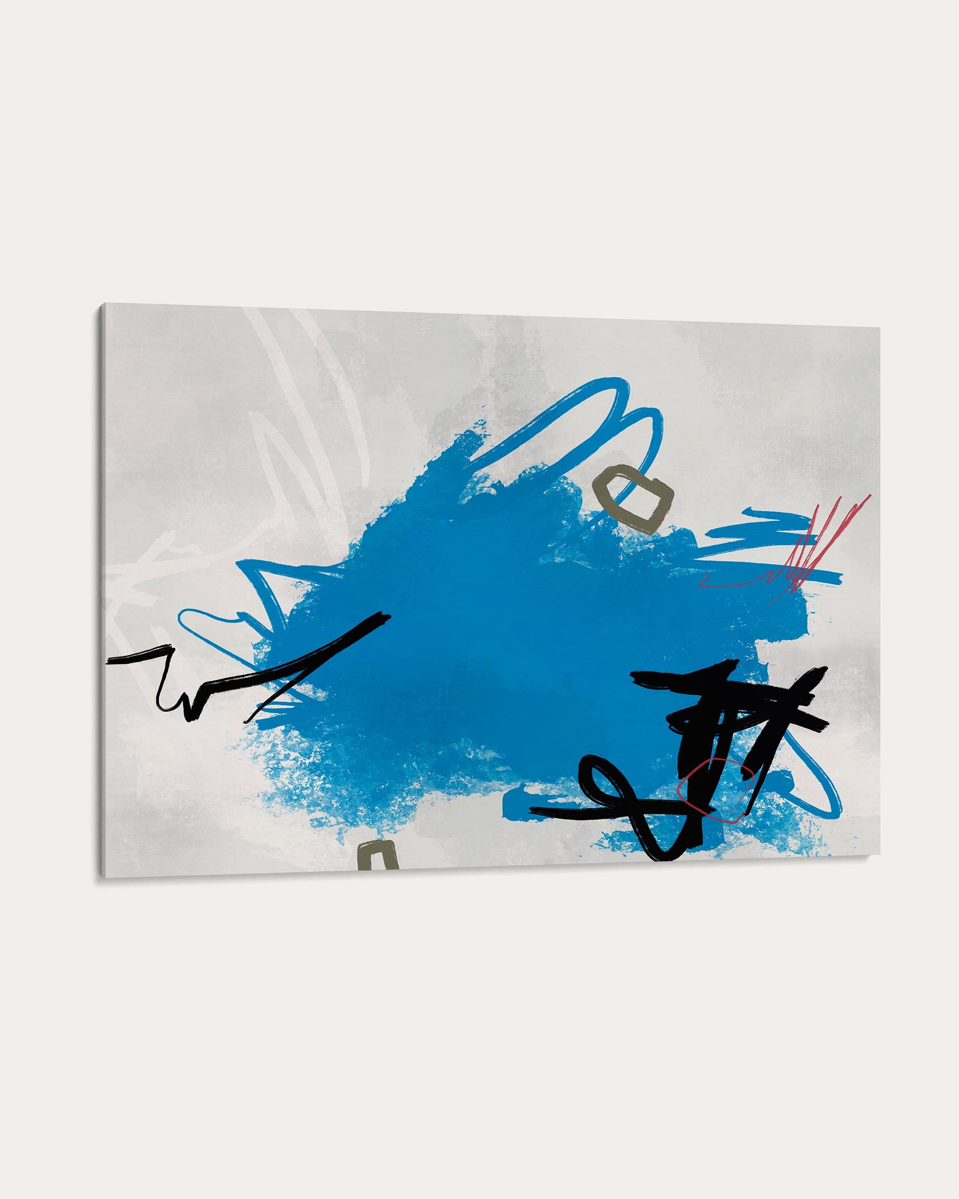 Abstract art piece with blue and black elements on a white background