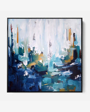A framed canvas featuring an abstract forest scene with rich blue tones and accented colors.