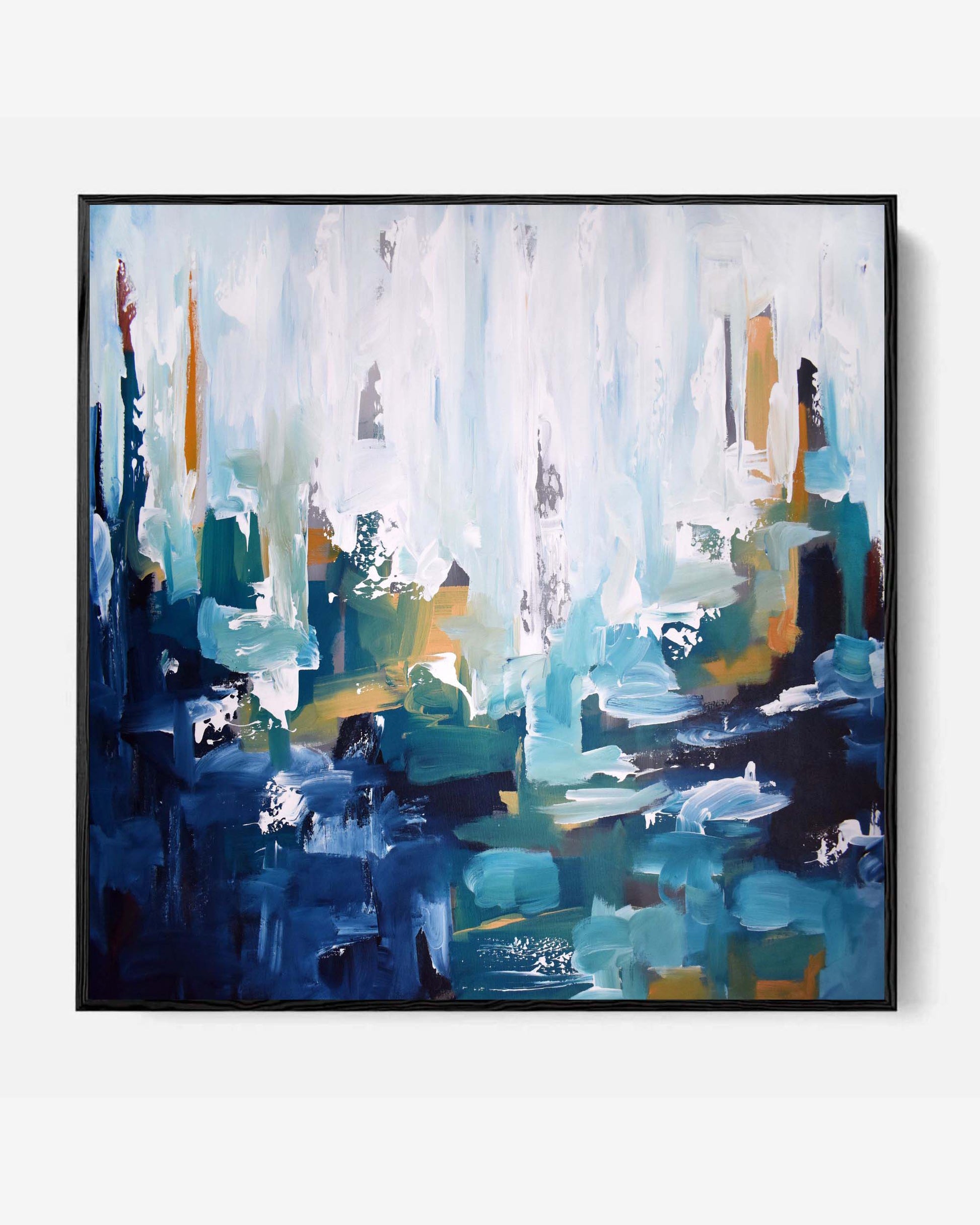 A framed canvas featuring an abstract forest scene with rich blue tones and accented colors.
