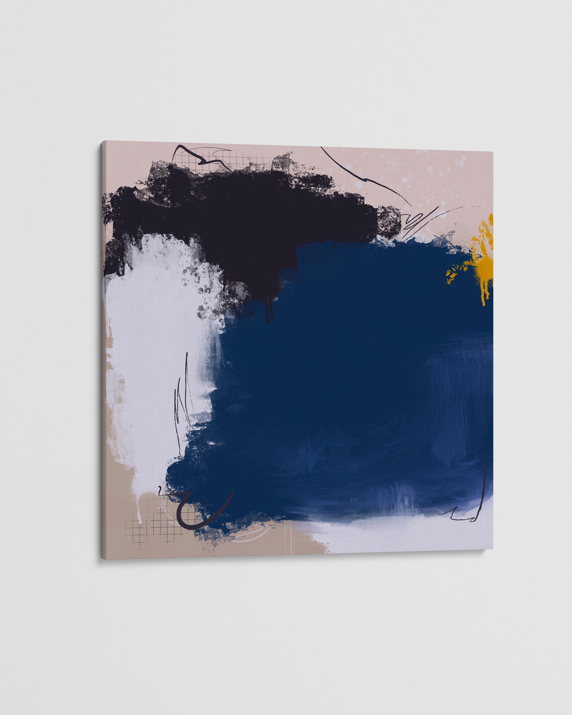 Abstract art piece with blue, black, and white brush strokes on a beige background