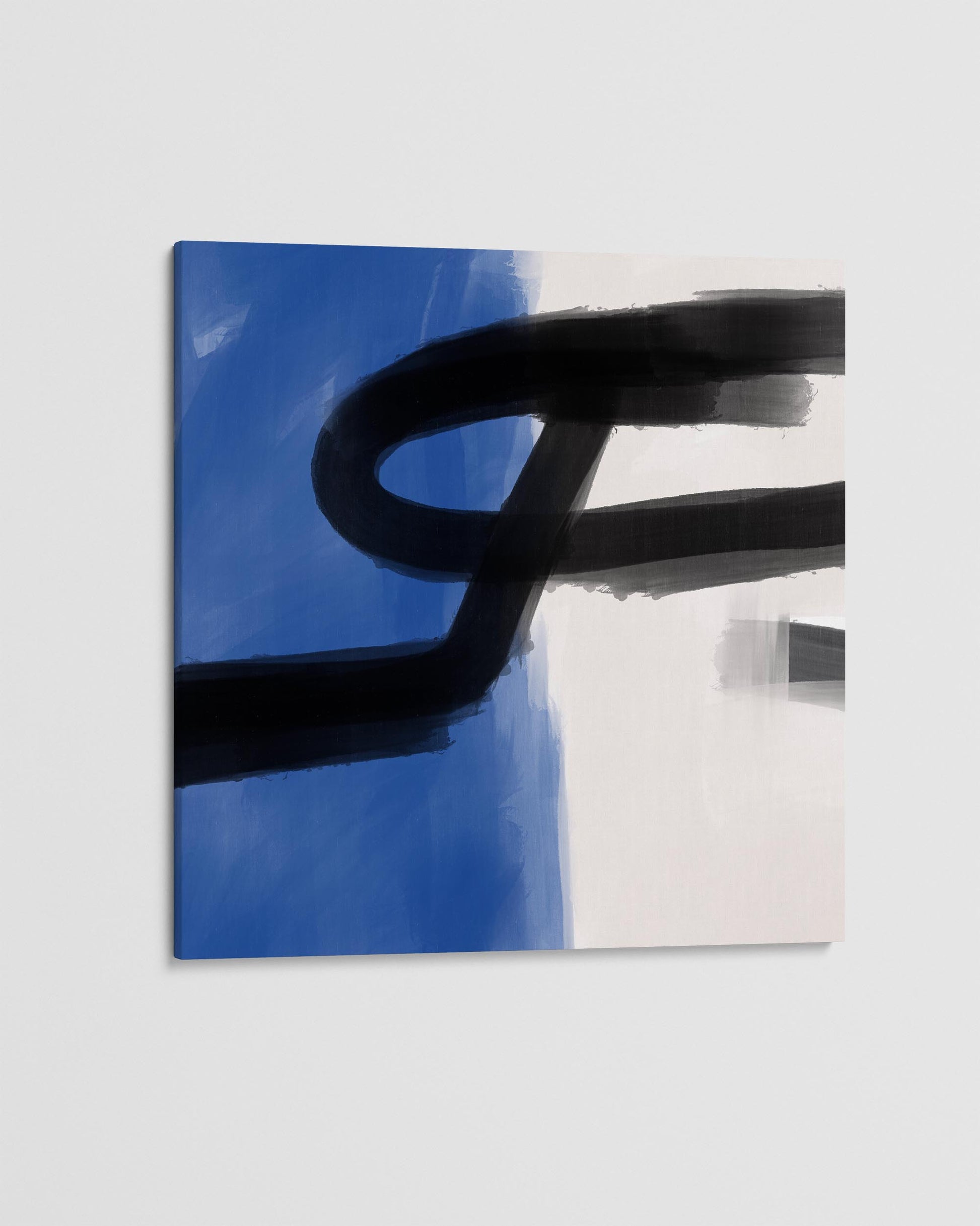 Abstract art piece with black curved lines on a blue and white background