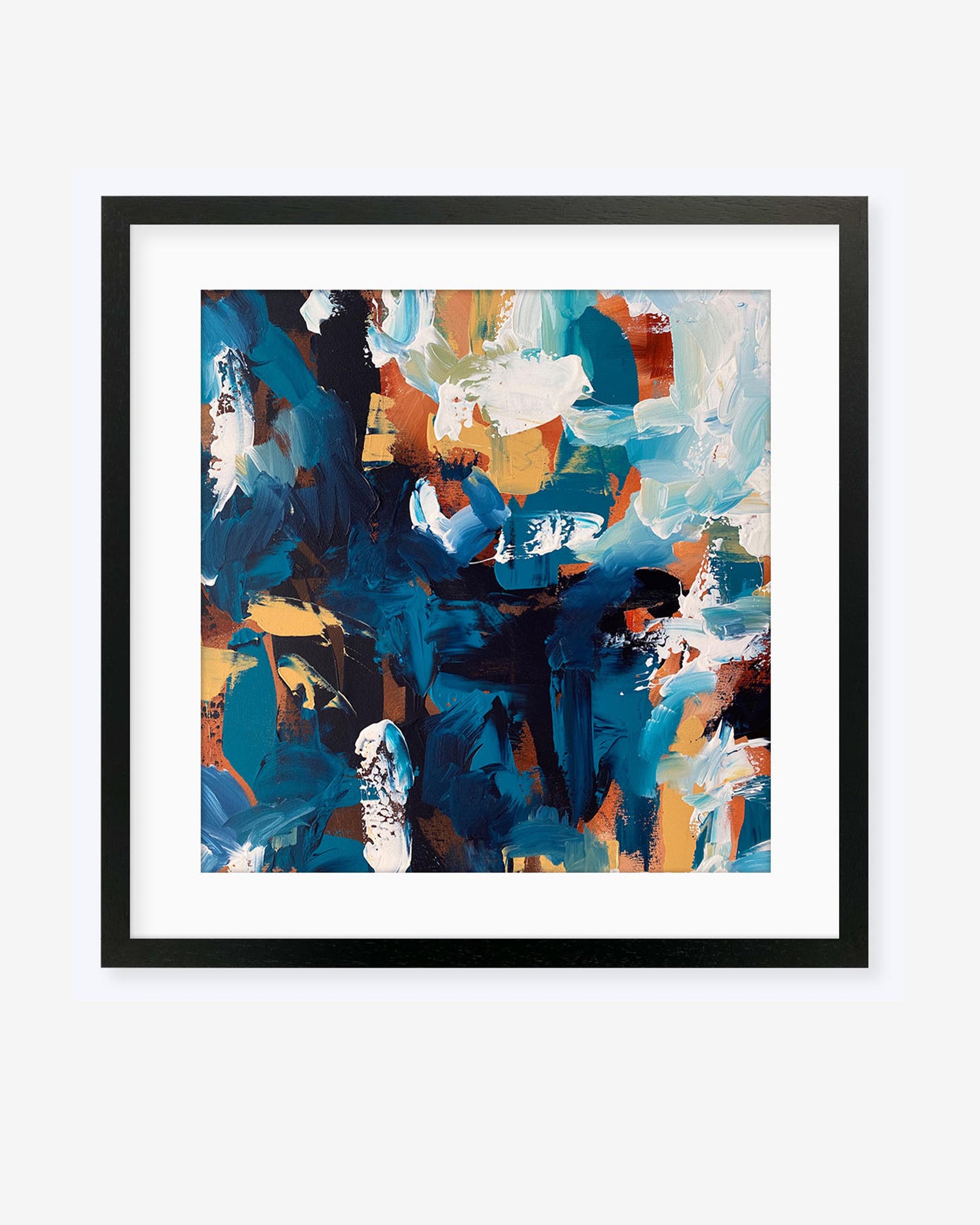 A framed art print featuring abstract blue, teal, white, and yellow ochre brushstrokes with a touch of orange gold.