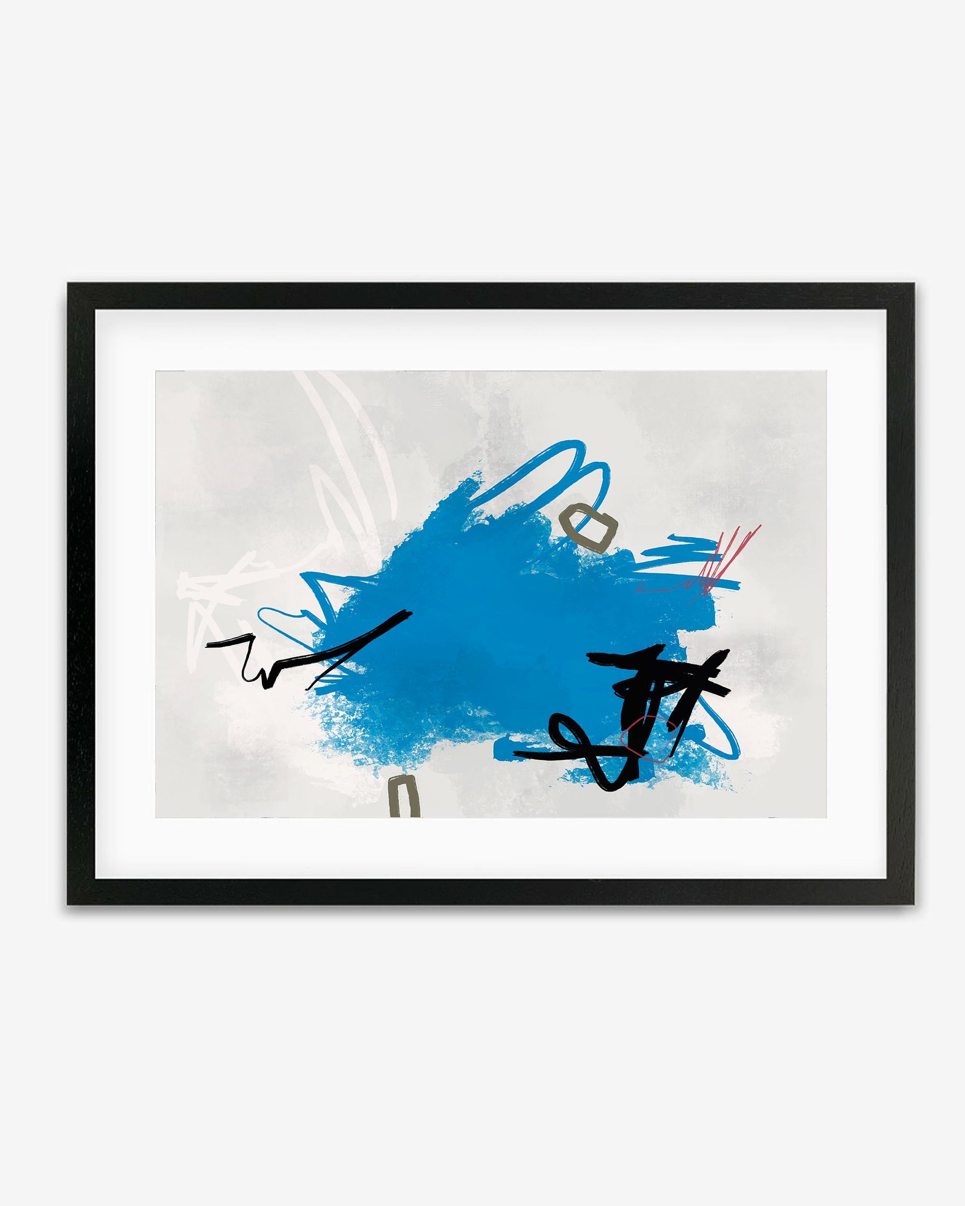 A framed print with abstract art featuring bold blues, lively black lines, and a grey background.