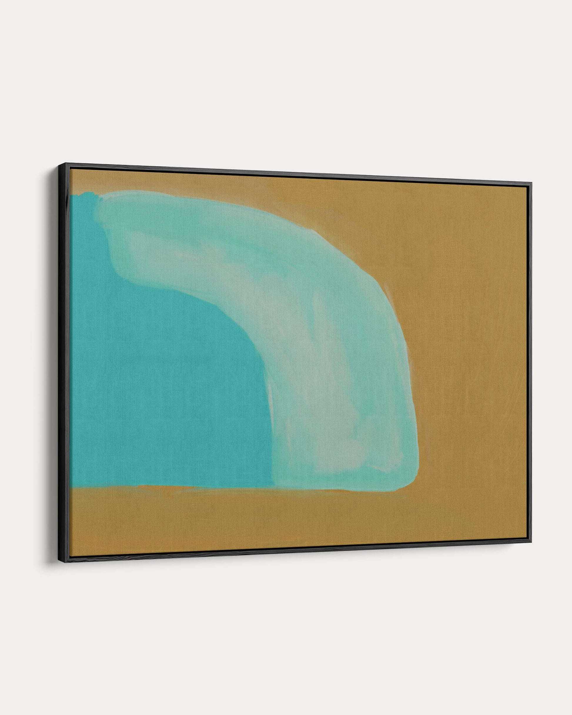 Framed abstract artwork with a blue shape on a beige background