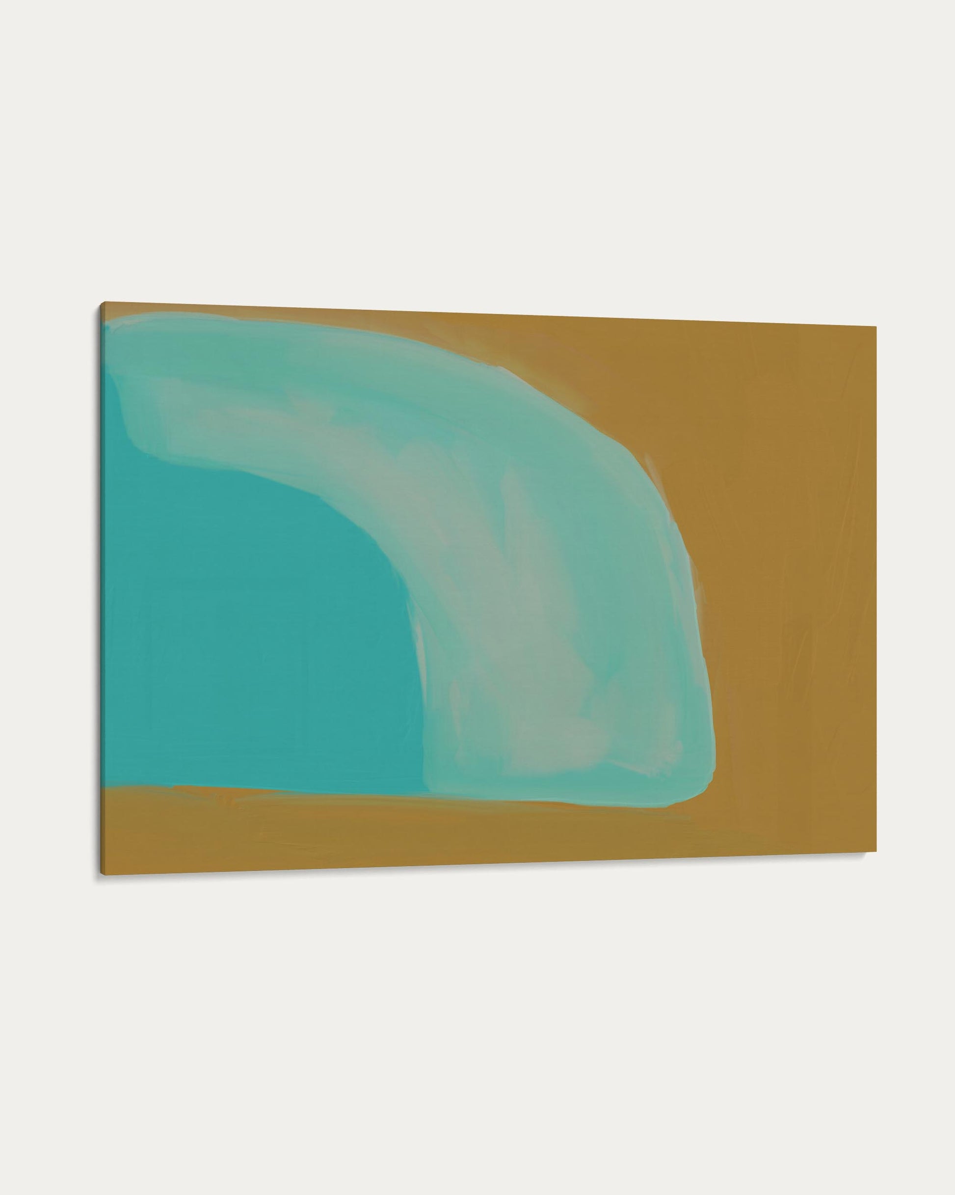 Abstract art piece with a teal shape on a brown background