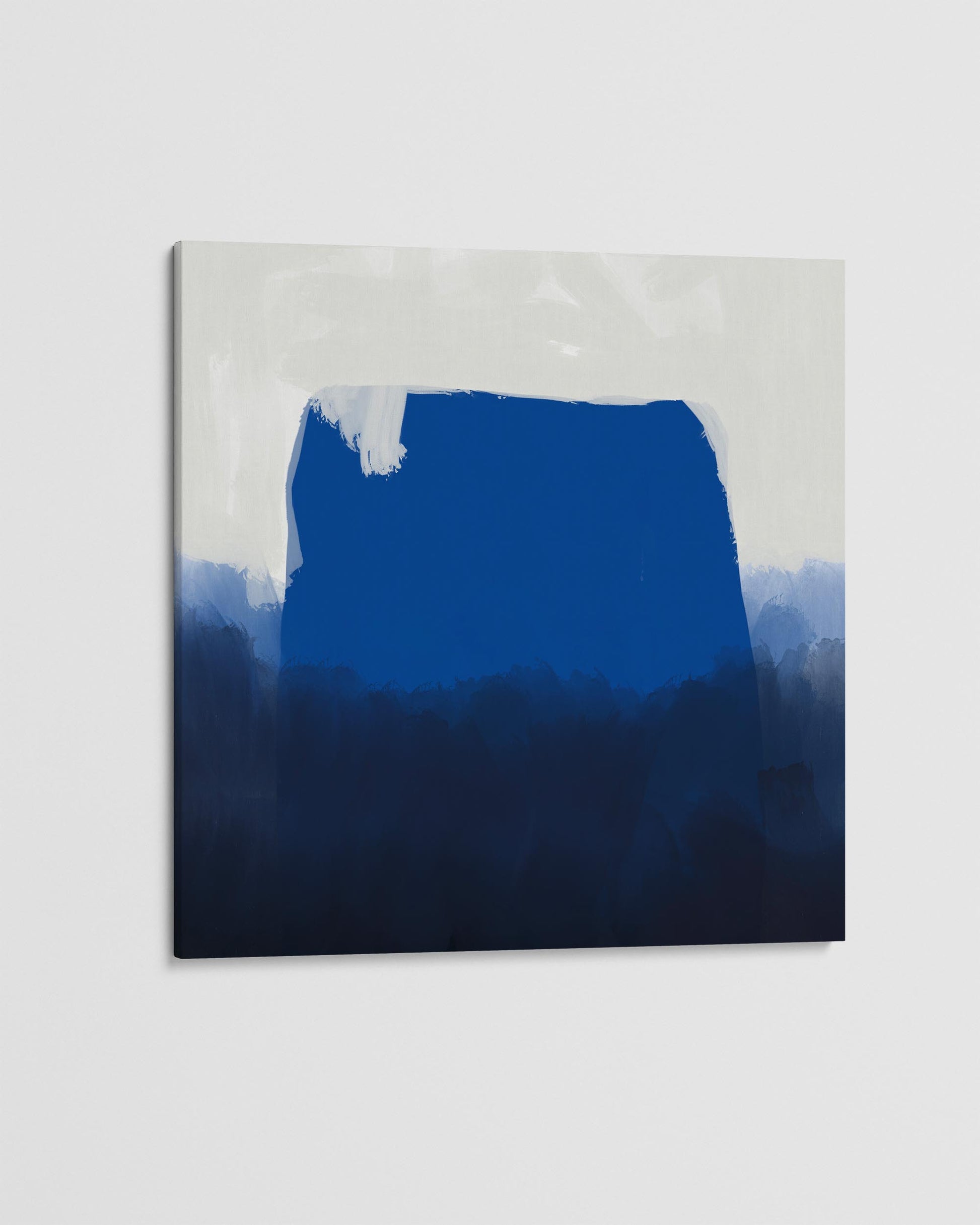 Abstract painting with a gradient of blue on a light gray background