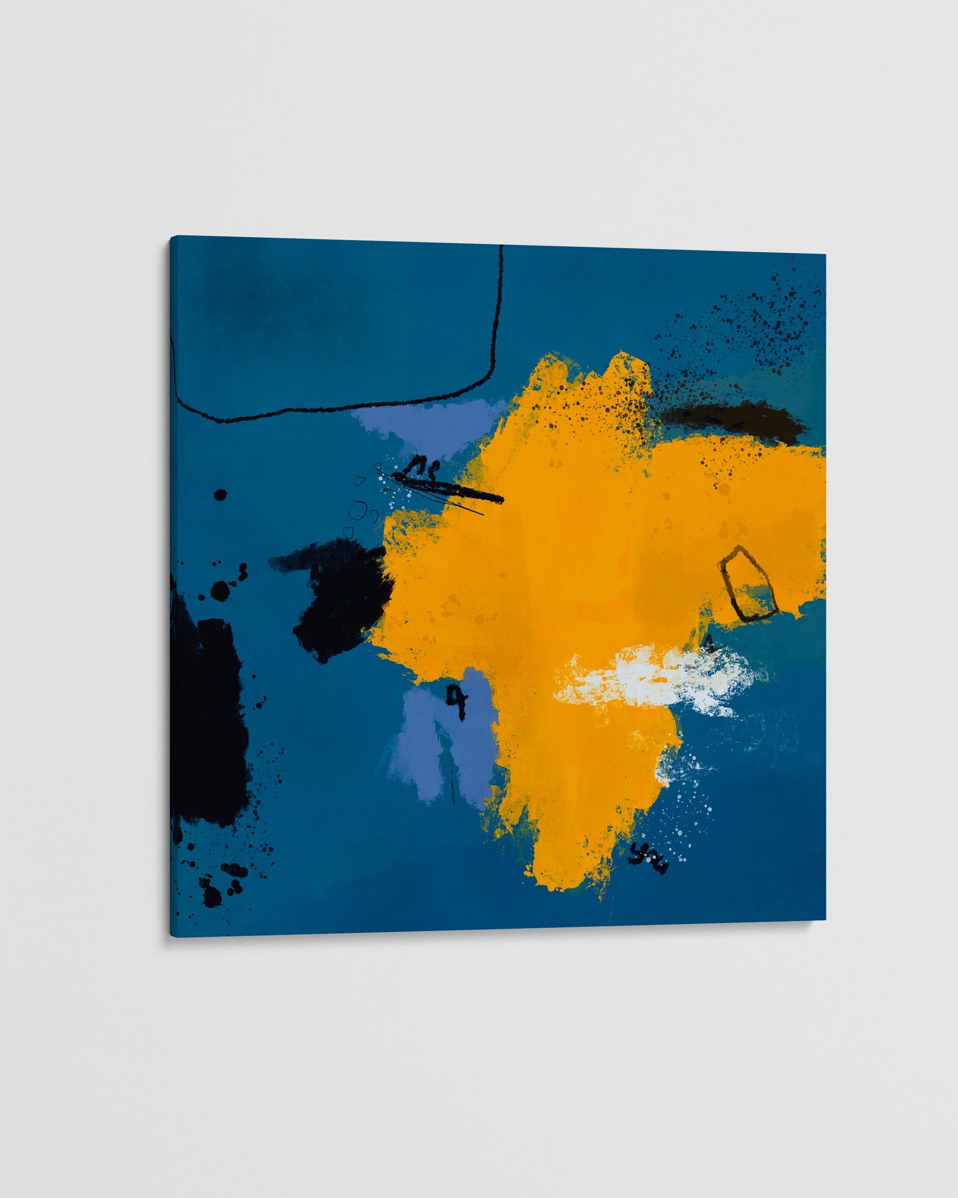 Abstract art piece with blue, yellow, and black colors on a gray background