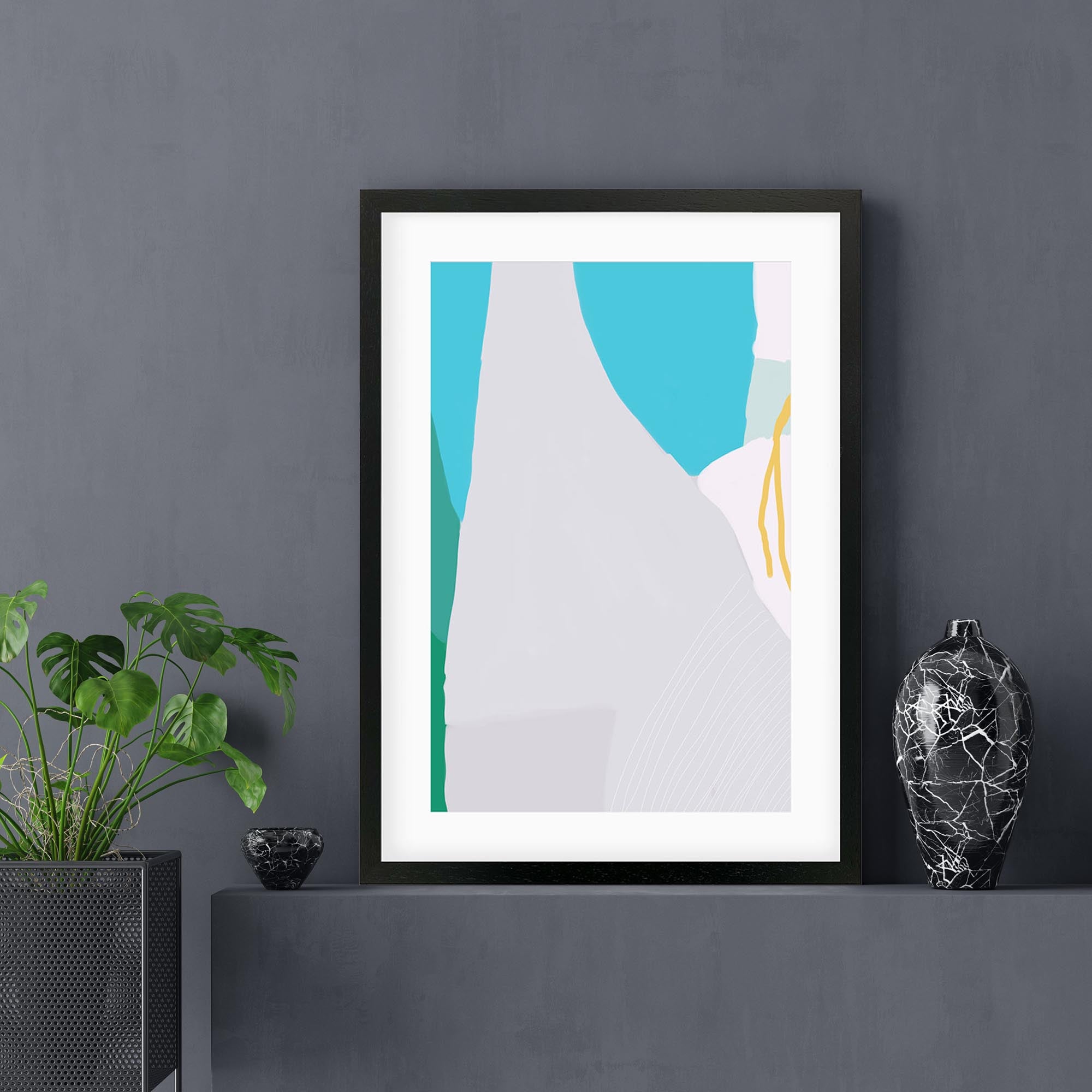 Blue Grey Abstract Linocut Framed Art