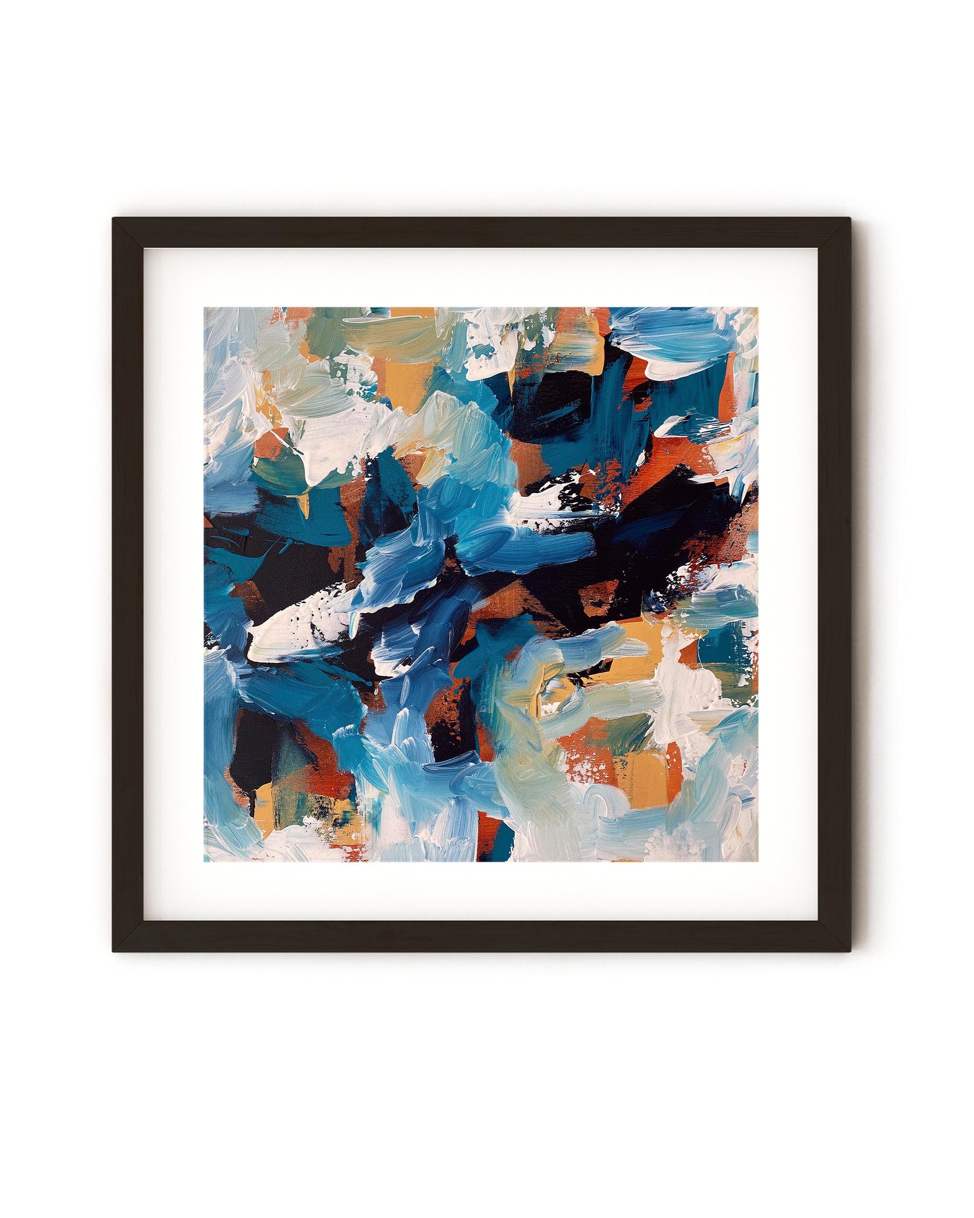 A framed abstract painting with a blue color palette and earthy tones, featuring expressive brushstrokes.