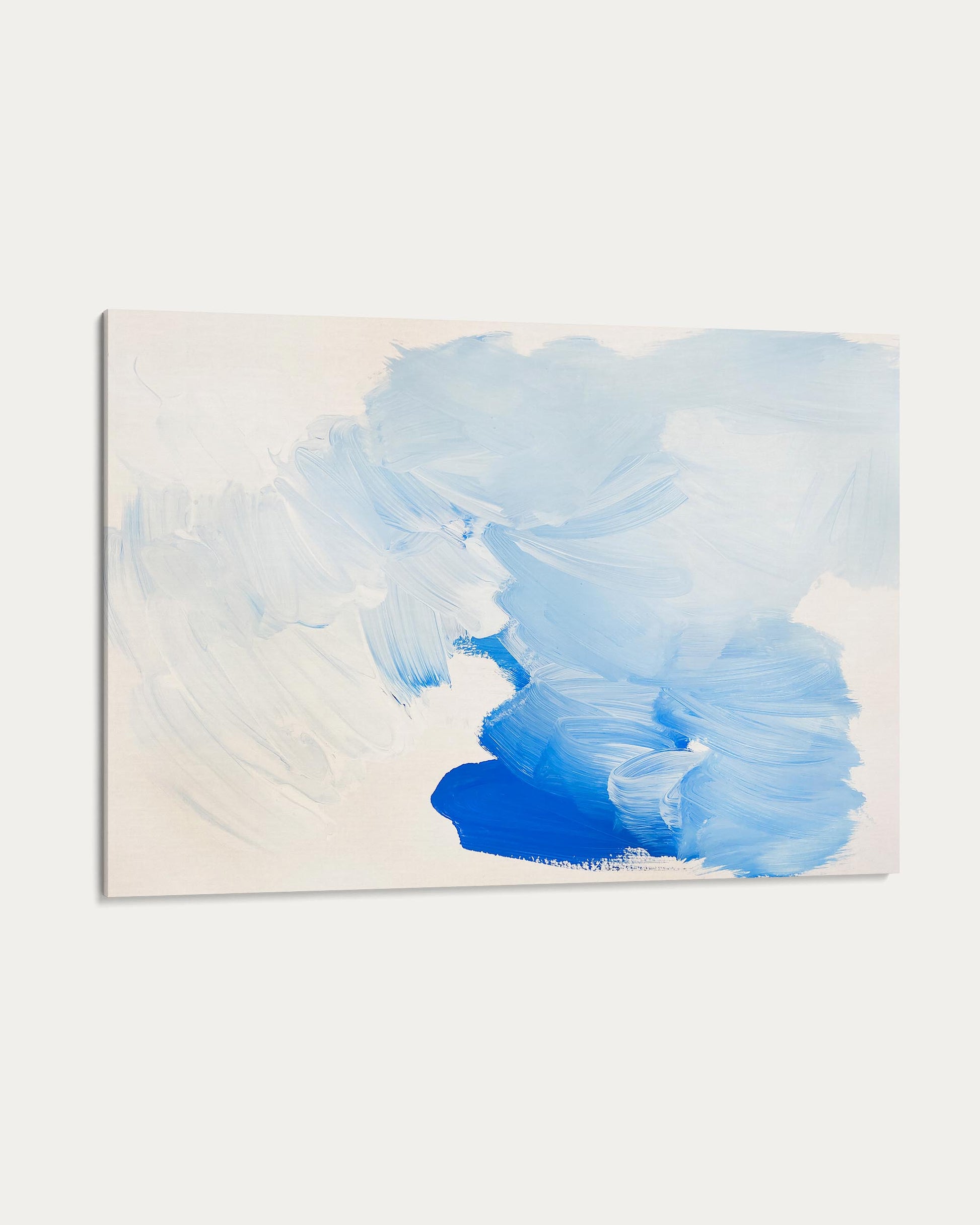 Abstract painting with blue and white colors on a light background