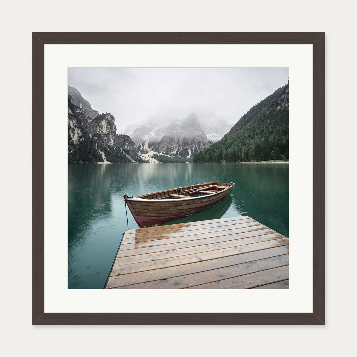Boat In The Lake Wall Art Print — 50 x 50 cm — Brown Frame