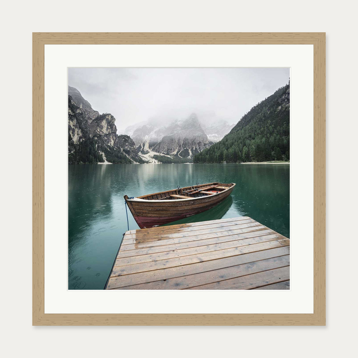 Boat In The Lake Wall Art Print — 50 x 50 cm — Oak Frame