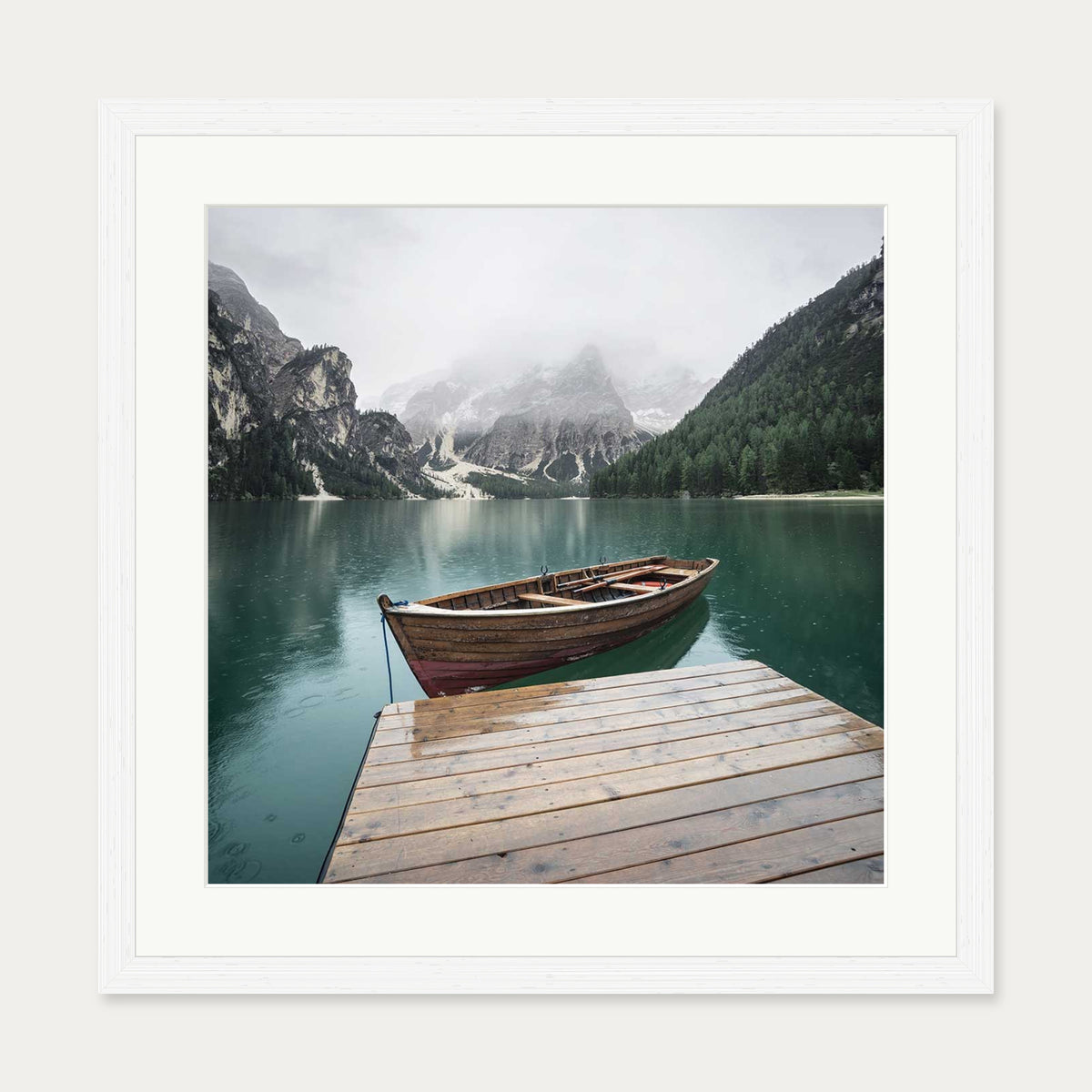 Boat In The Lake Wall Art Print — 50 x 50 cm — White Frame