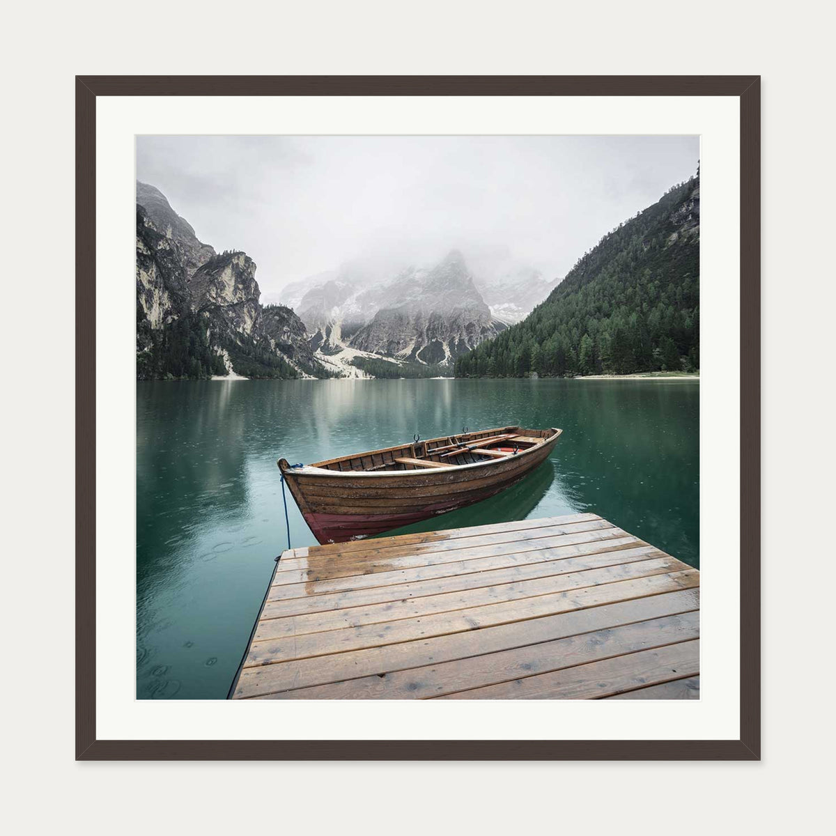 Boat In The Lake Wall Art Print — 70 x 70 cm — Brown Frame