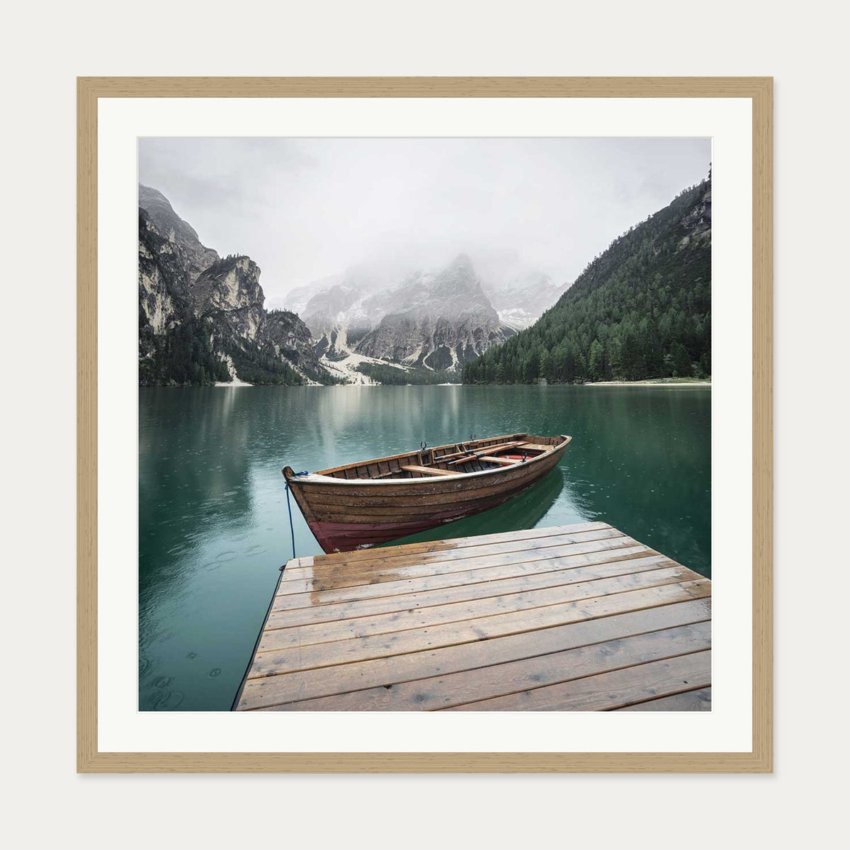 Boat In The Lake Wall Art Print — 70 x 70 cm — Oak Frame