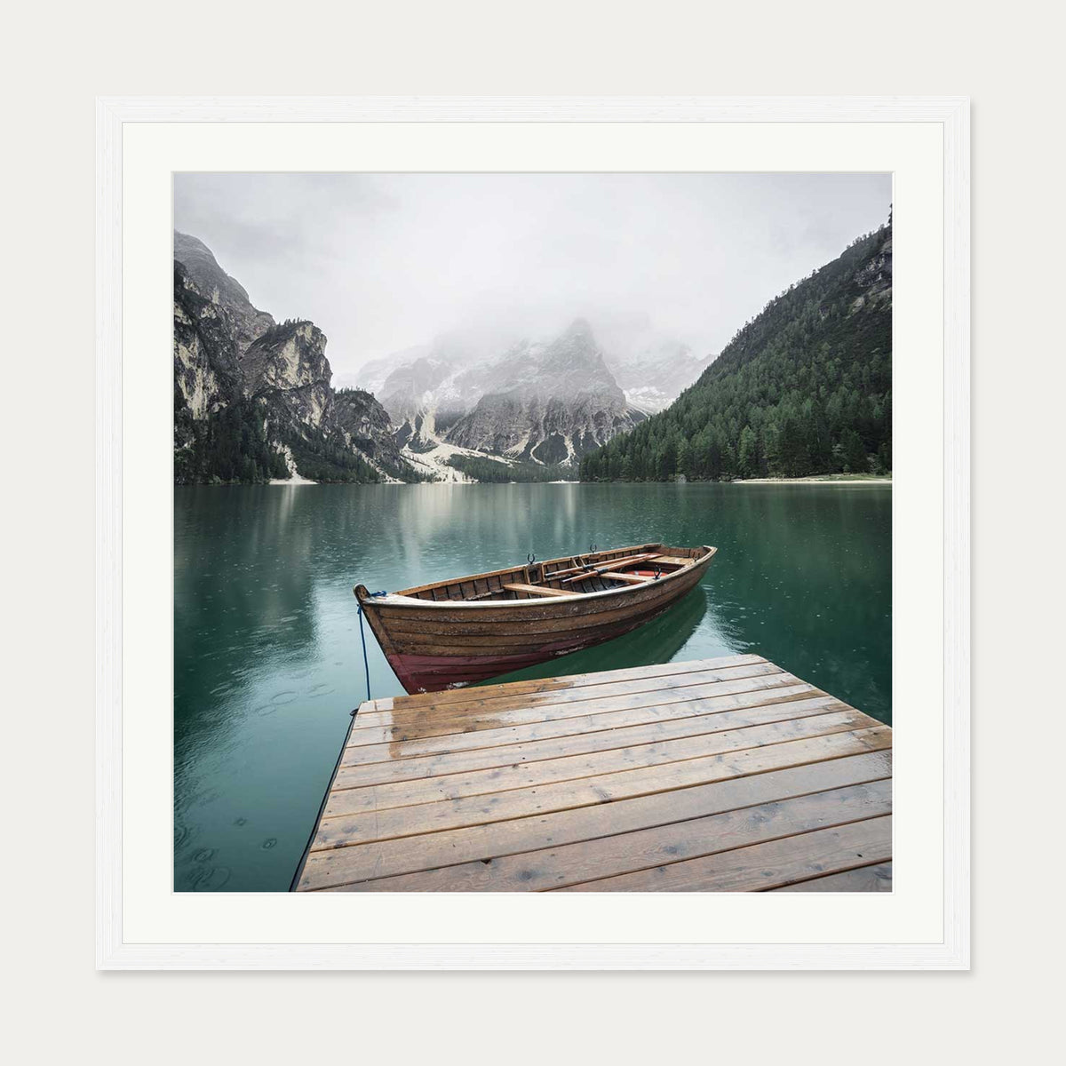 Boat In The Lake Wall Art Print — 70 x 70 cm — White Frame