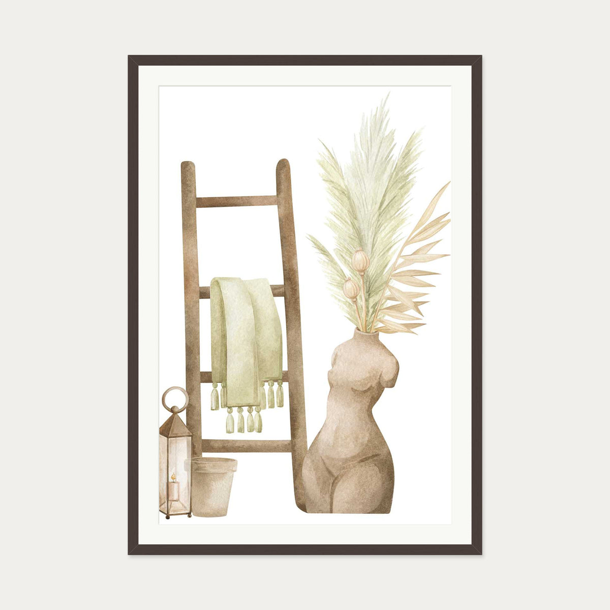 Bohemian Vibes Watercolour Art Print — 70 x 100 cm — Brown Frame