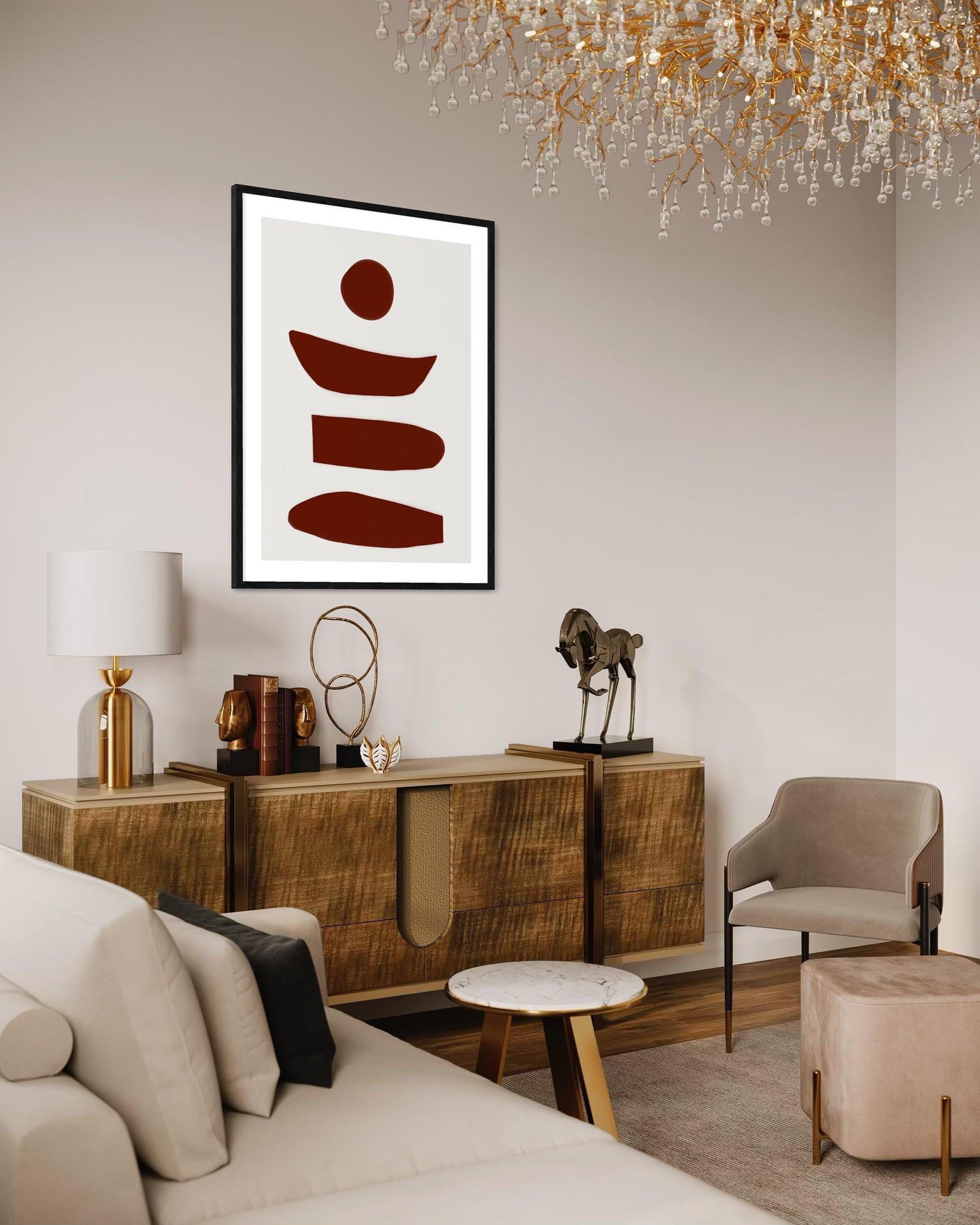 Modern living room with abstract art, wooden console table, and chandelier.