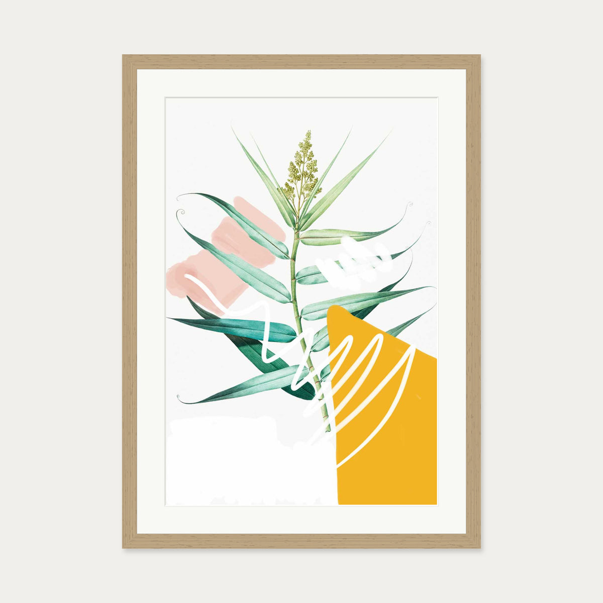 Botanical Contemporary Leaf Art Print — 50 x 70 cm — Oak Frame