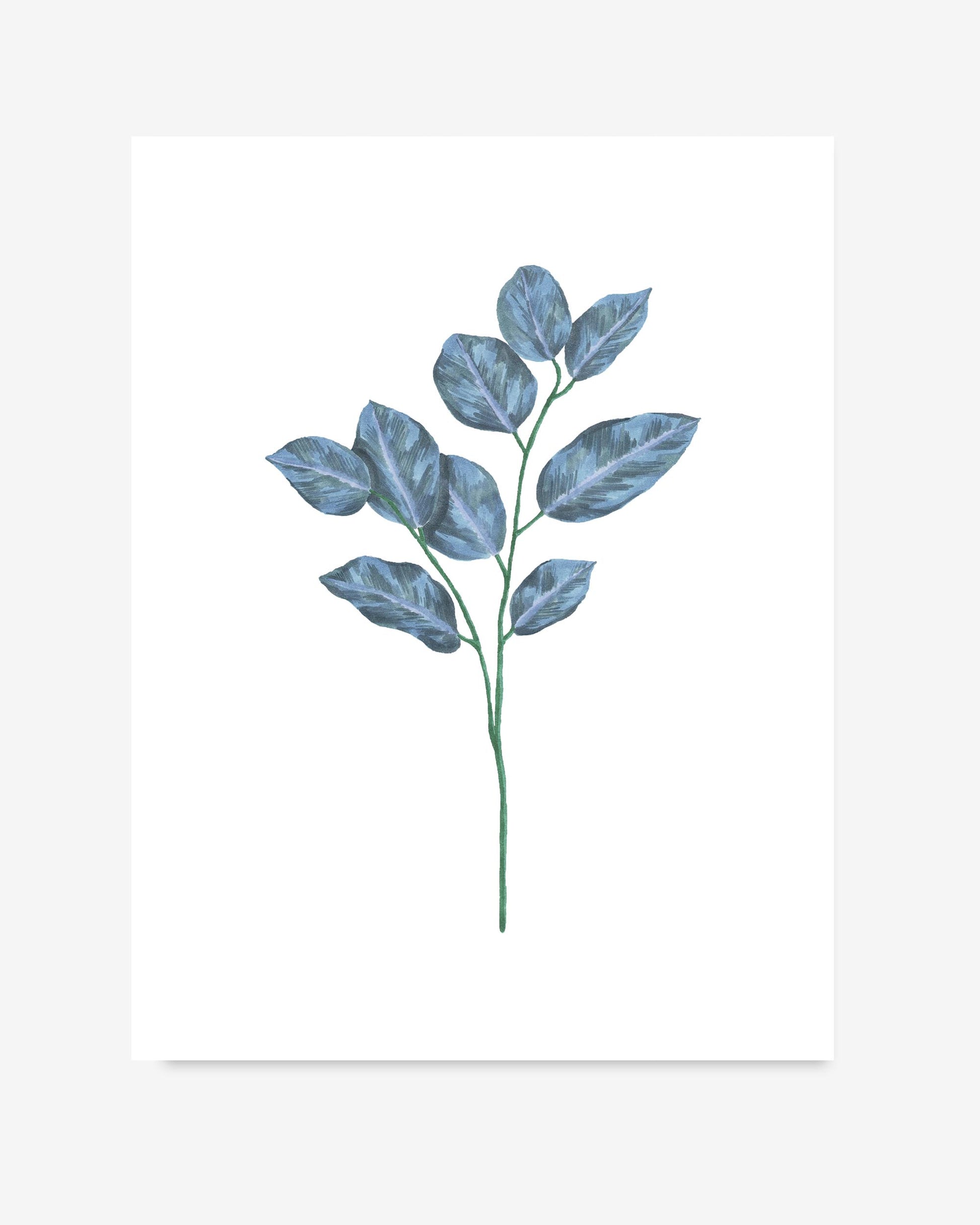 Art print of a blue leaf branch on a white background