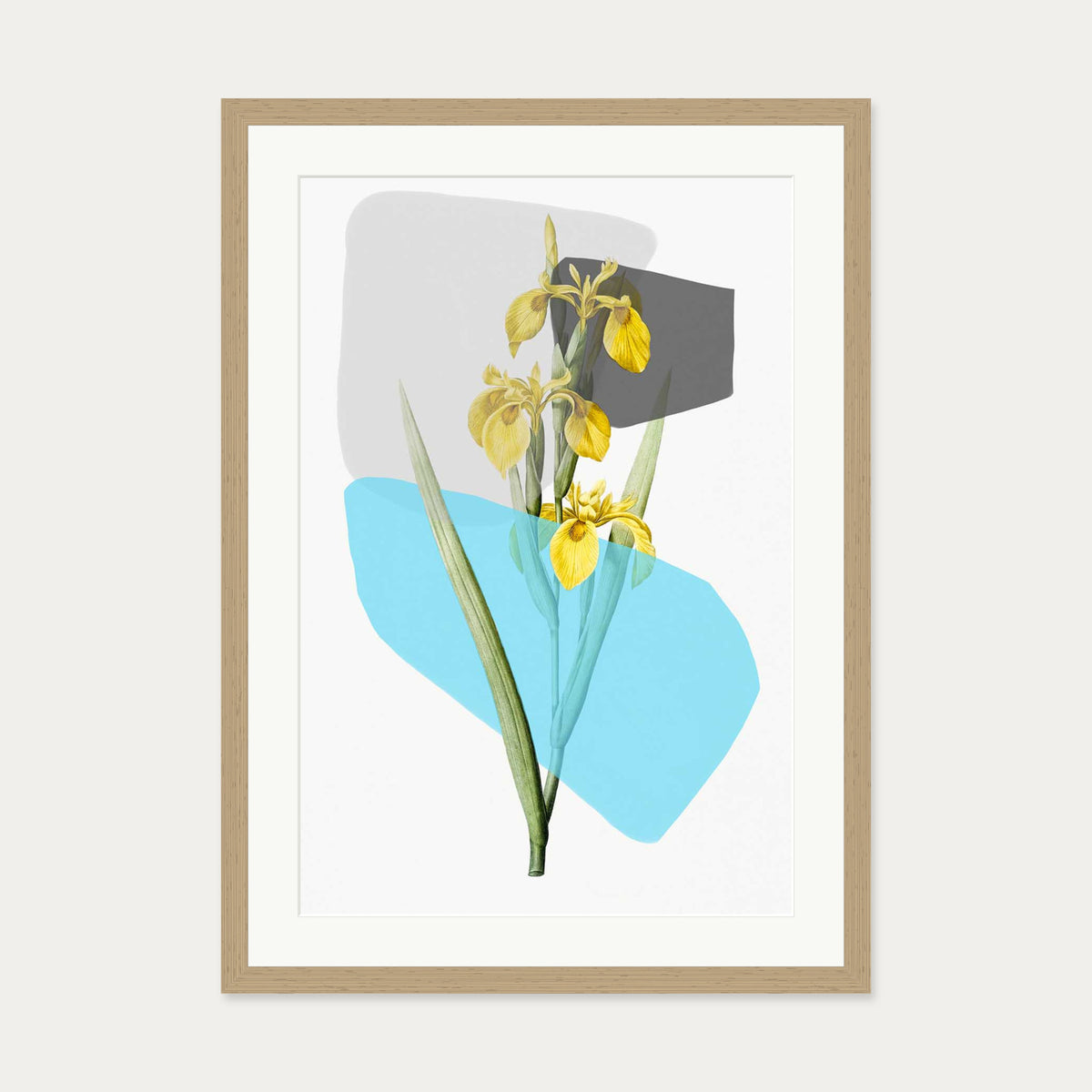 Botanical Vintage Leaves Blue Stripe Art Print — 50 x 70 cm — Oak Frame