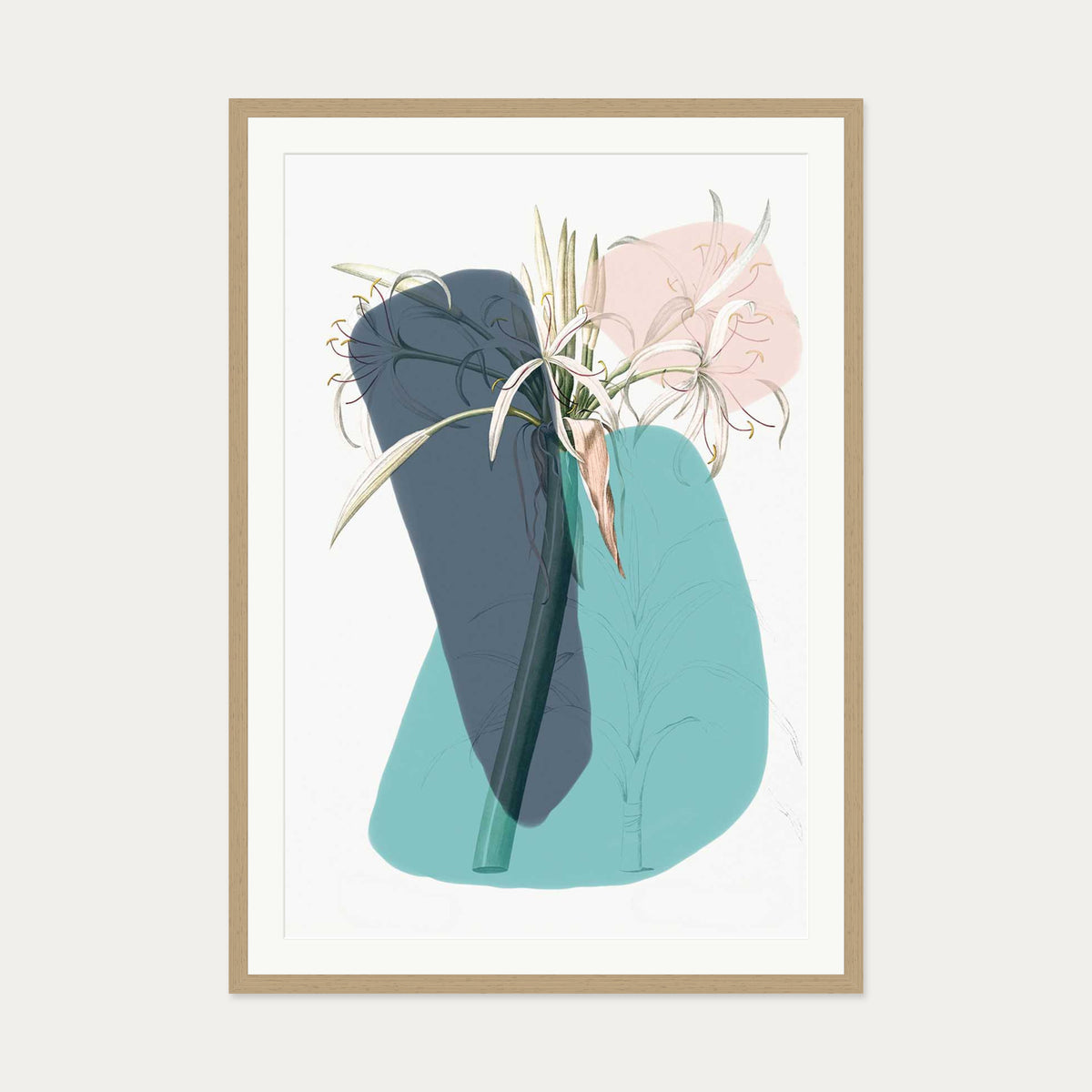 Botanical Vintage Teal Art Print — 70 x 100 cm — Oak Frame