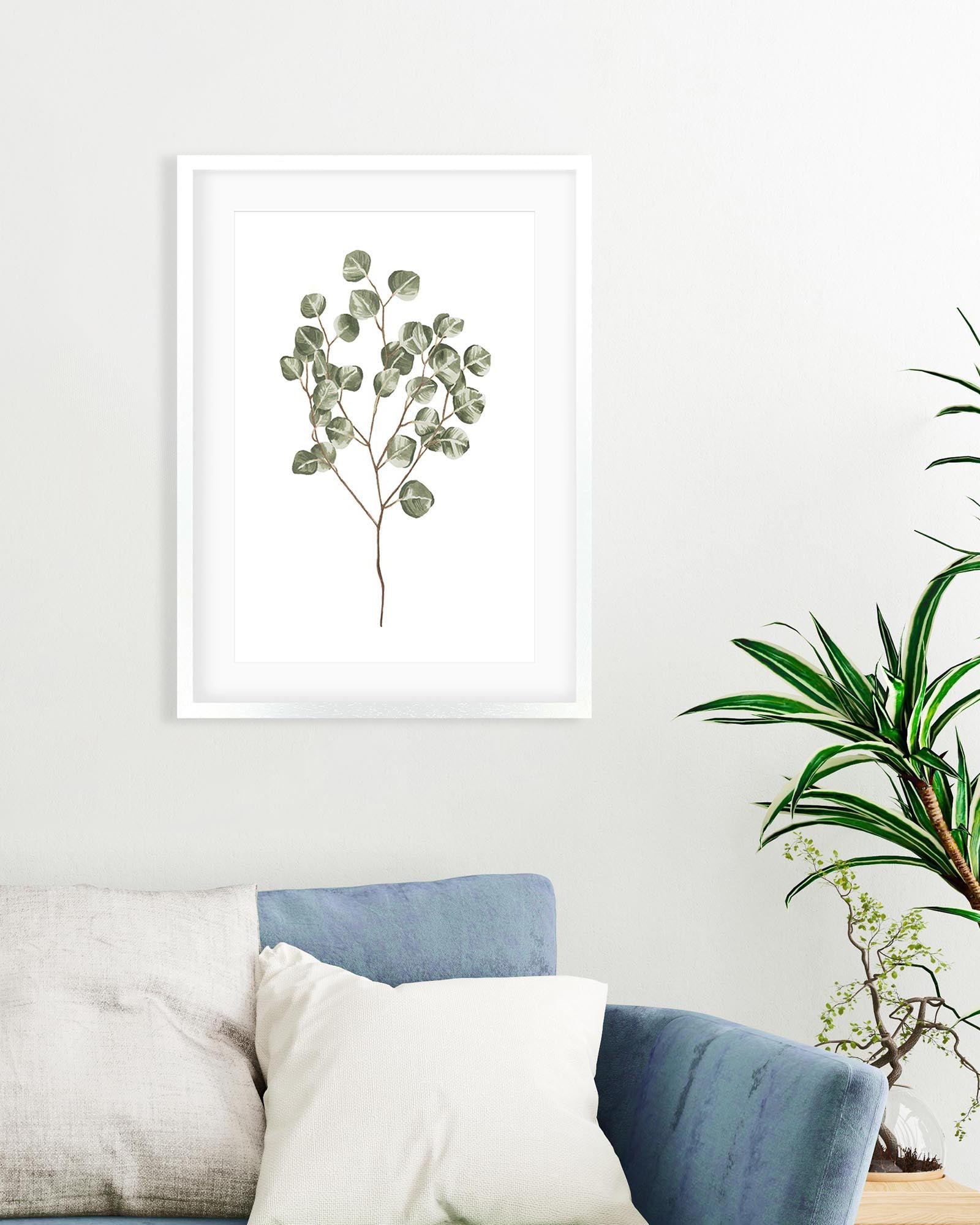 Framed botanical print on a wall above a sofa with a plant in the corner.