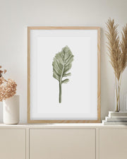 Framed botanical print of a green leaf on a white background, displayed on a shelf with decorative items.