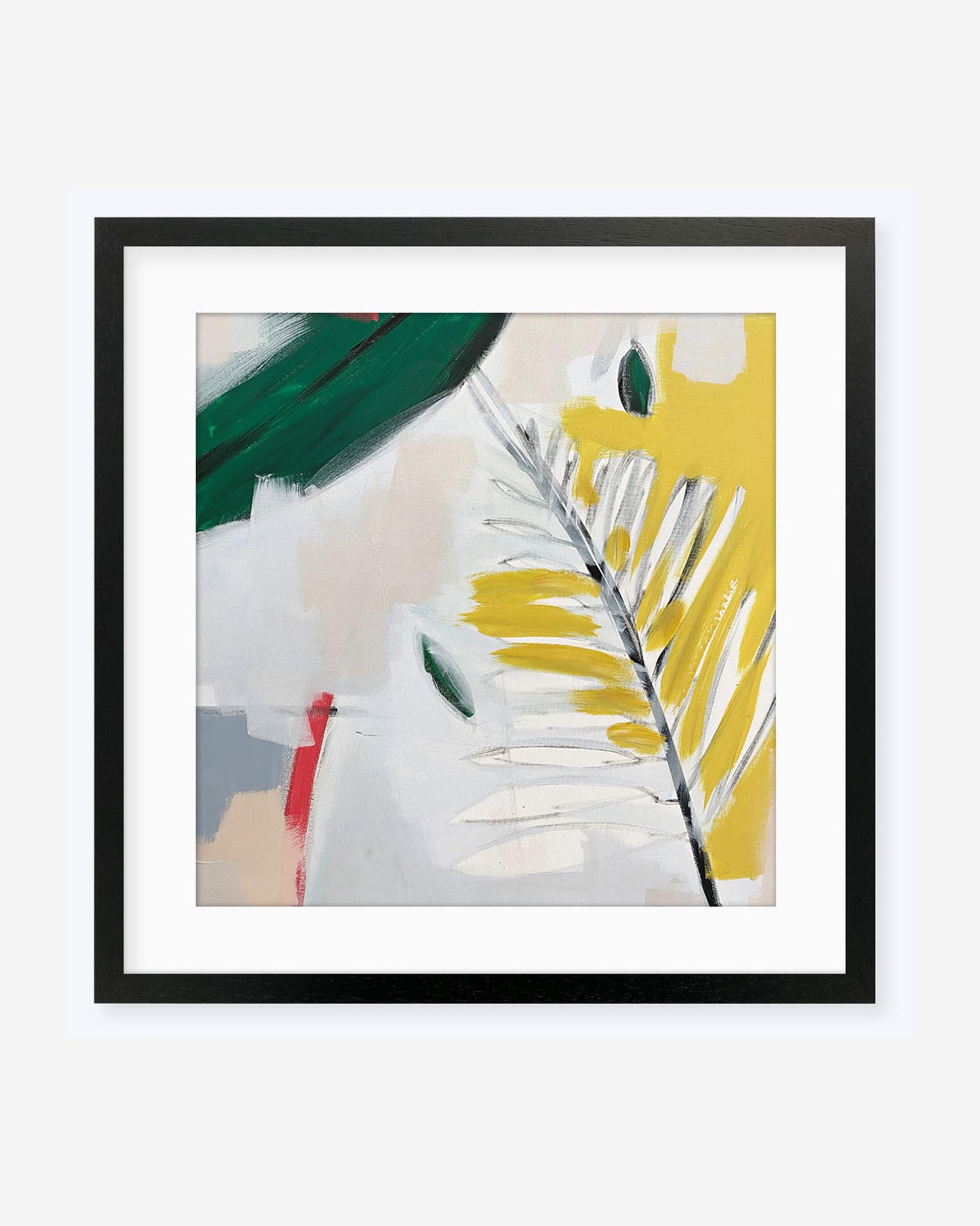 A square framed art print with abstract botanical elements, featuring layers of neutral greys, deep green, and yellow ochre botanical leaves.