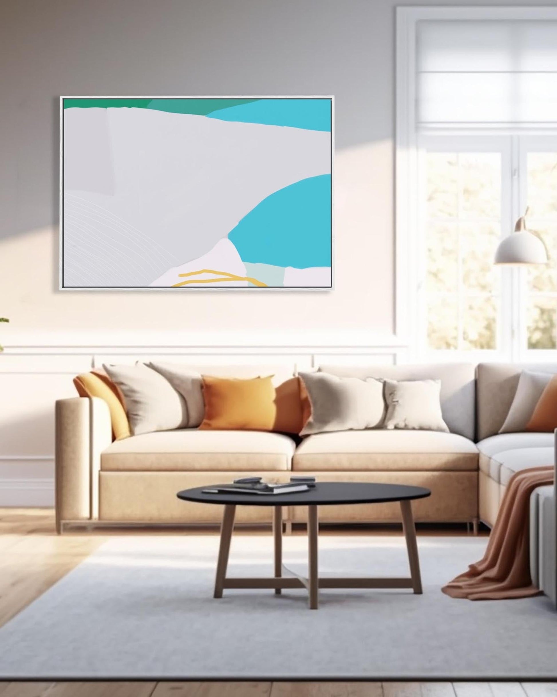 Modern living room with a sectional sofa, coffee table, and abstract art on the wall.